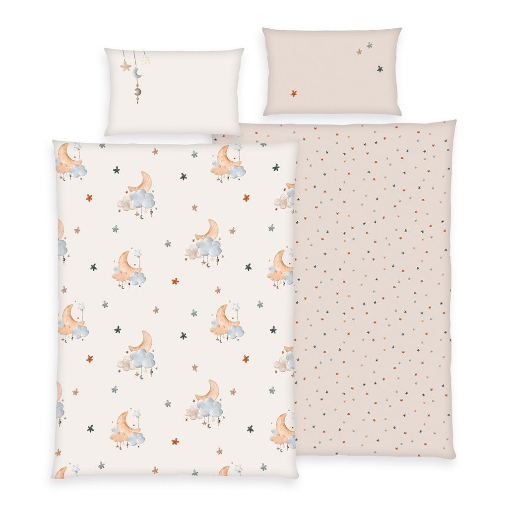 babybest Winterbettwäsche-Set ‘Mondwolke’ 100 x 135 cm: Bettbezug creme mit Monden auf Wolken, Wendeseite sand mit Sternchen, Kissen 40 x 60 cm