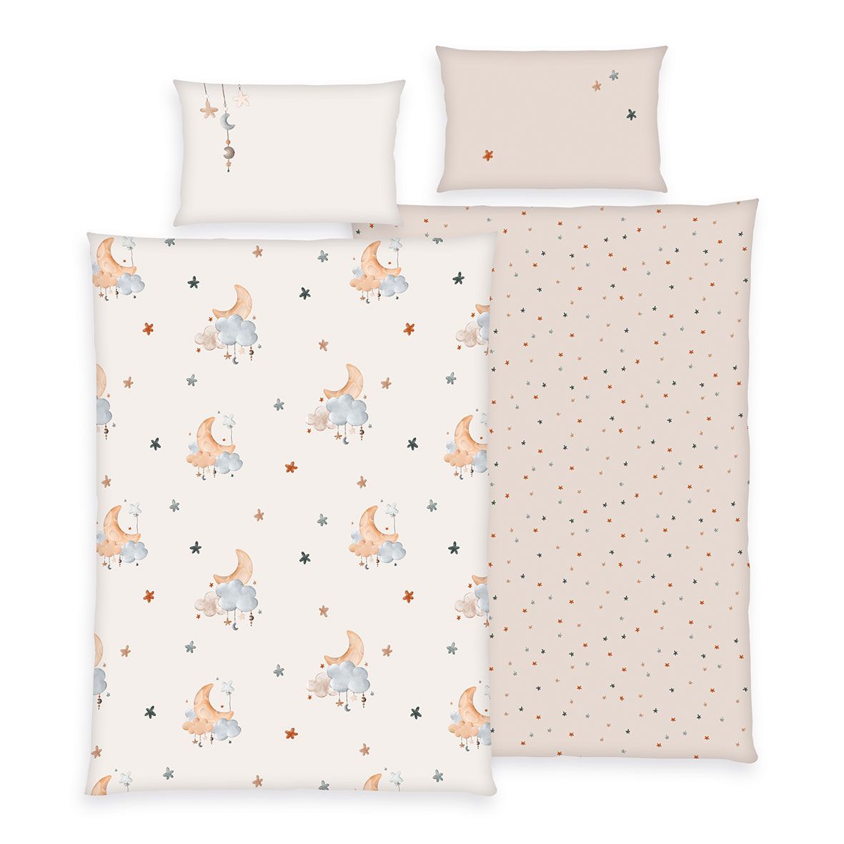 babybest Winterbettwäsche-Set ‘Mondwolke’ 100 x 135 cm: Bettbezug creme mit Monden auf Wolken, Wendeseite sand mit Sternchen, Kissen 40 x 60 cm
