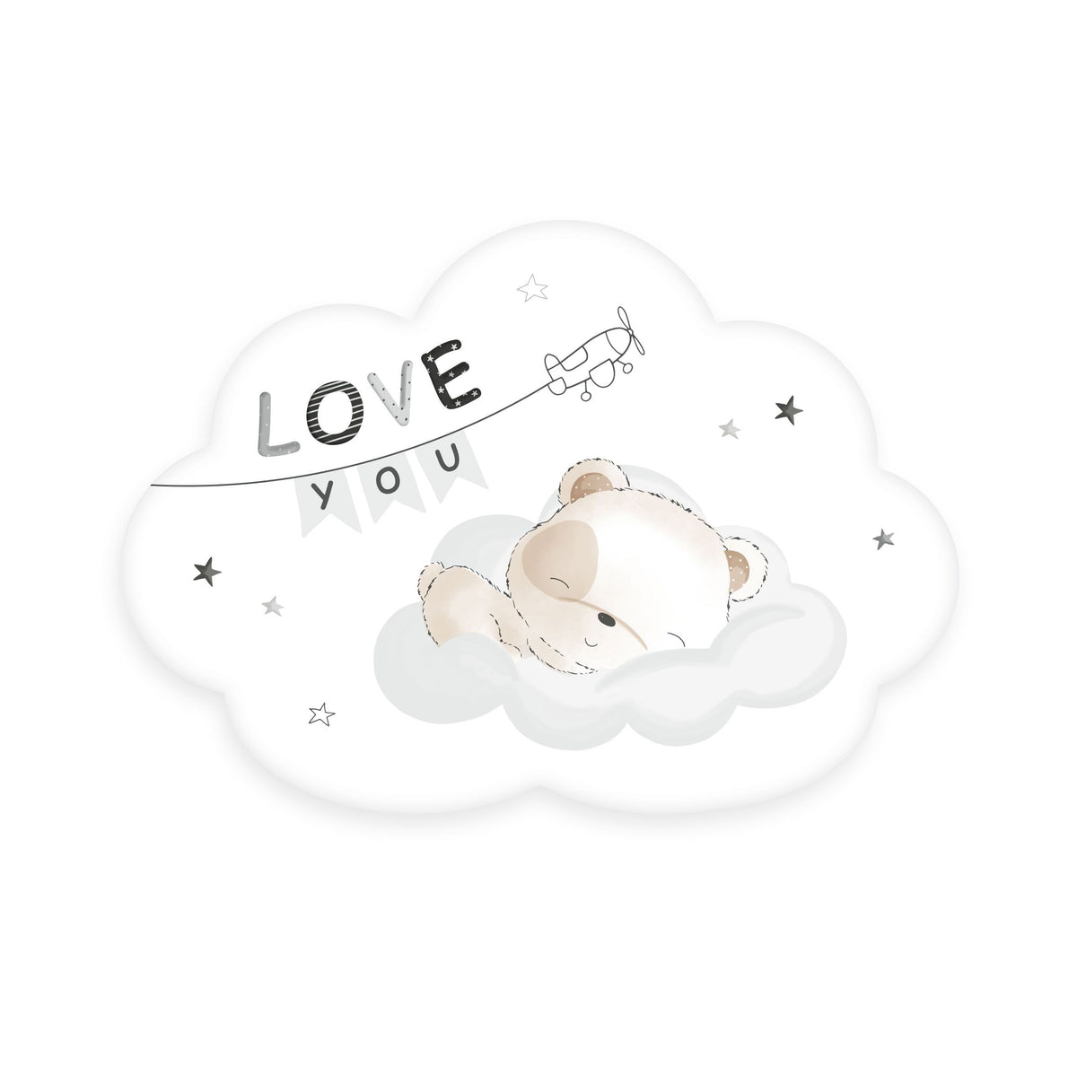babybest Wolkenkissen ‘Sleeping little Bear’ ca. 36 x 25,5 cm: Bärchen auf der Wolke, Flugzeug mit Schriftzug LOVE YOU und Sterne