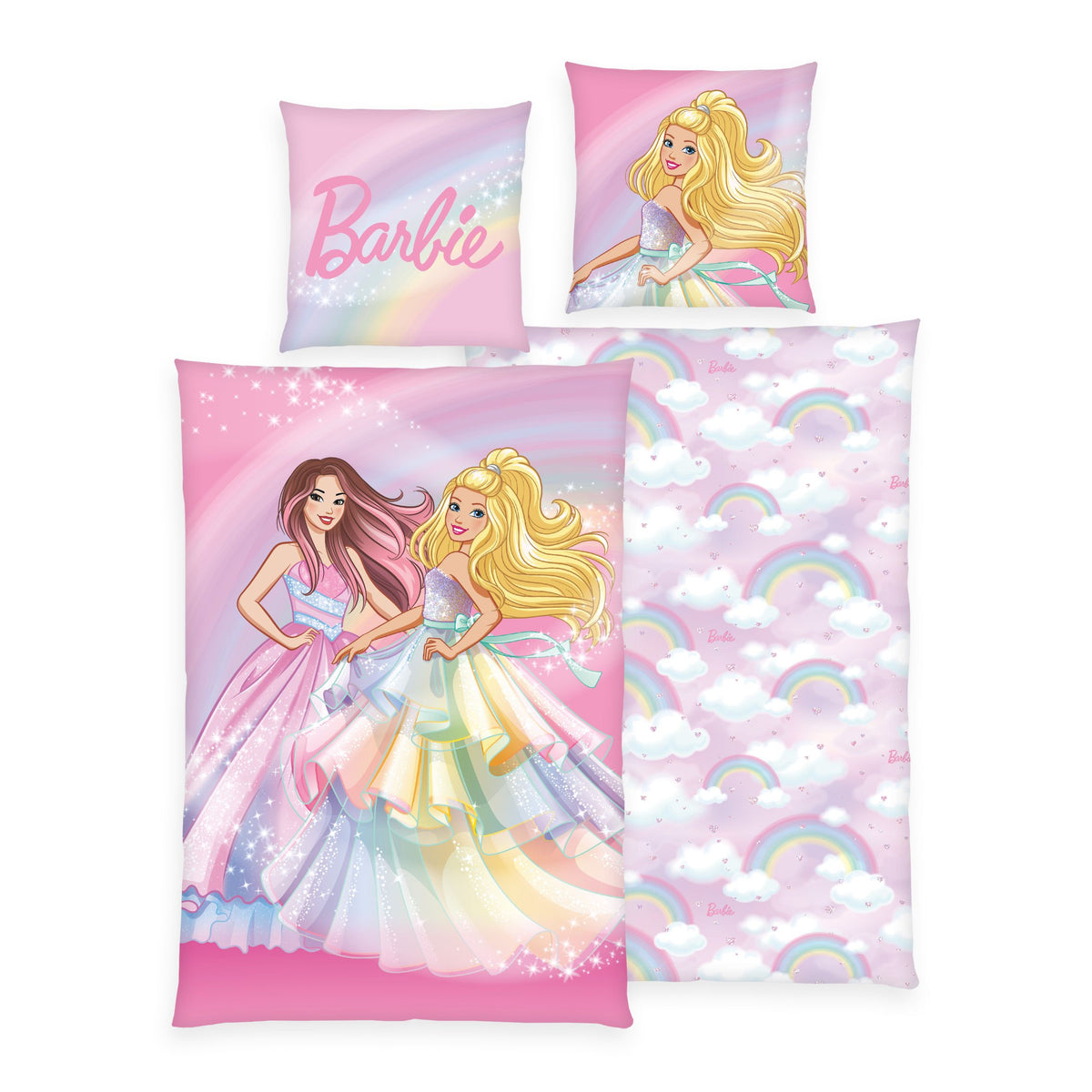 Barbie Bettwäsche-Set ‘Rainbow’ 135 x 200 cm: Bettbezug rosa mit Barbie und Freundin im Regenbogenkleid, Wendeseite mit Regenbogen und Wolken, Kissen 80 x 80 cm mit Barbie-Schriftzug
