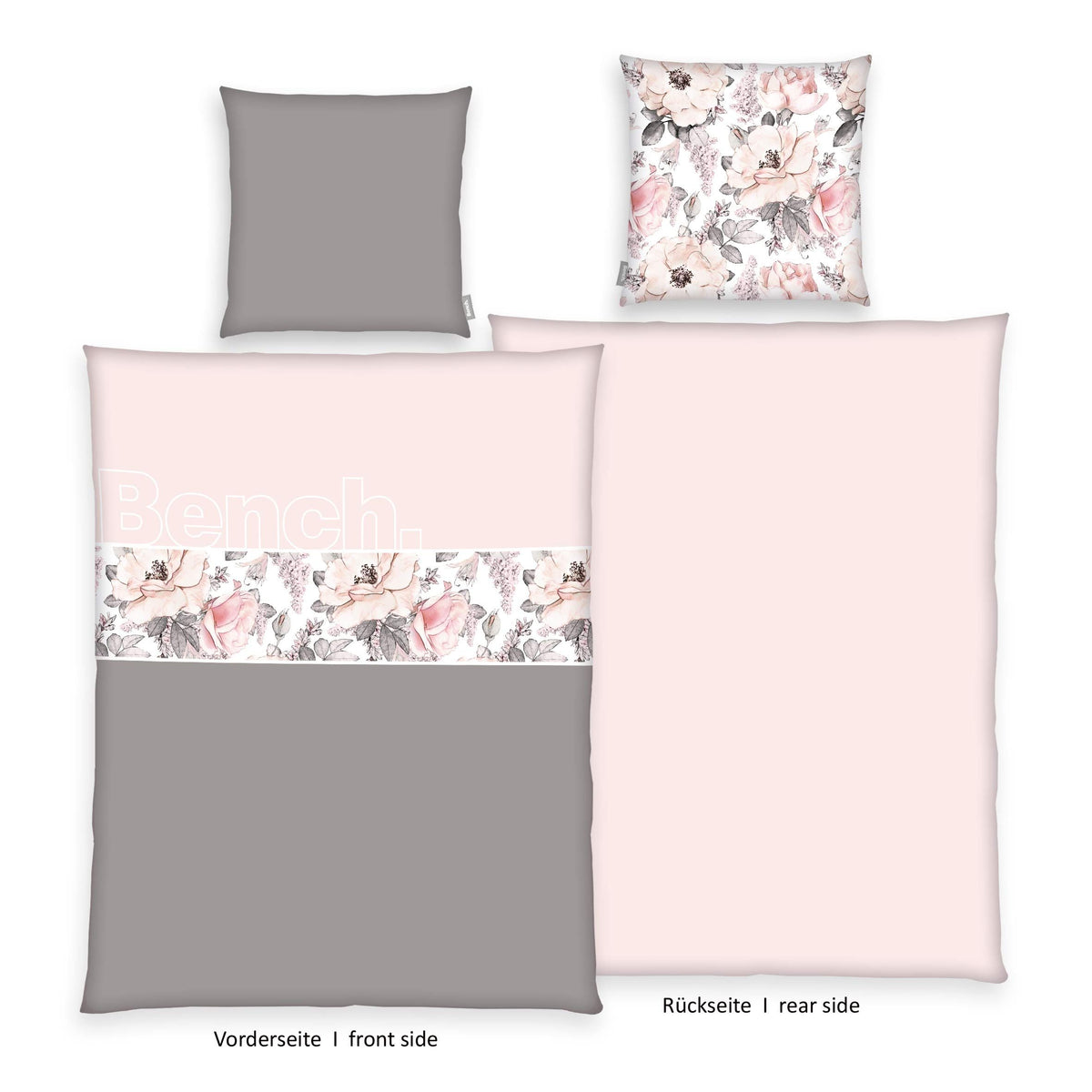 Bench Bettwäsche-Set ‘Blumen’: Vorderseite zartrosa und grau mit Rosen-Band und Bench-Logo, Rückseite zartrosa, Kissen 80 x 80 cm grau mit Blumen-Rückseite