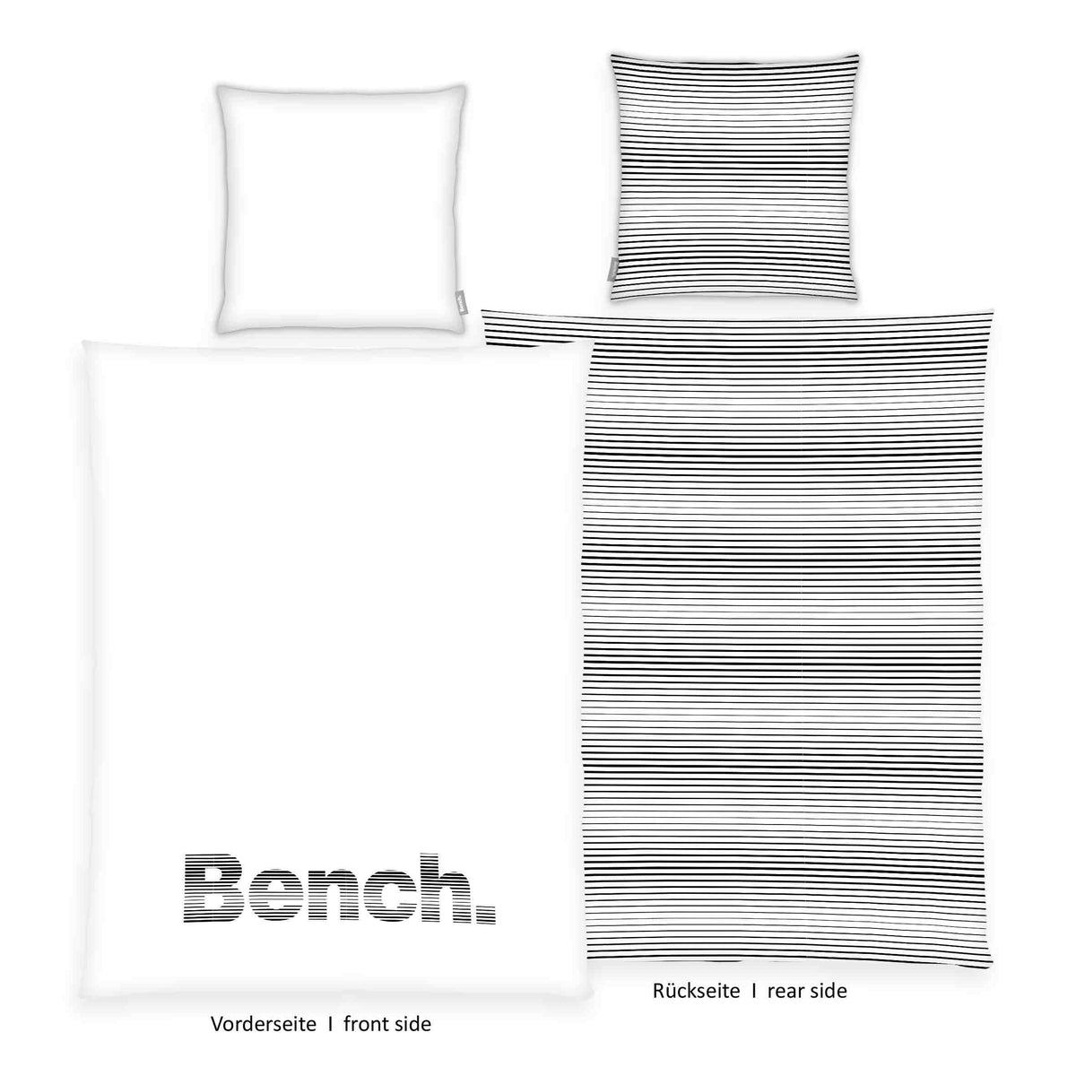 Bench Bettwäsche-Set ‘Gestreift’: Vorderseite weiß mit großem Bench-Logo in Streifenoptik, Rückseite schwarz-weiß gestreift, Kissen 80 x 80 cm