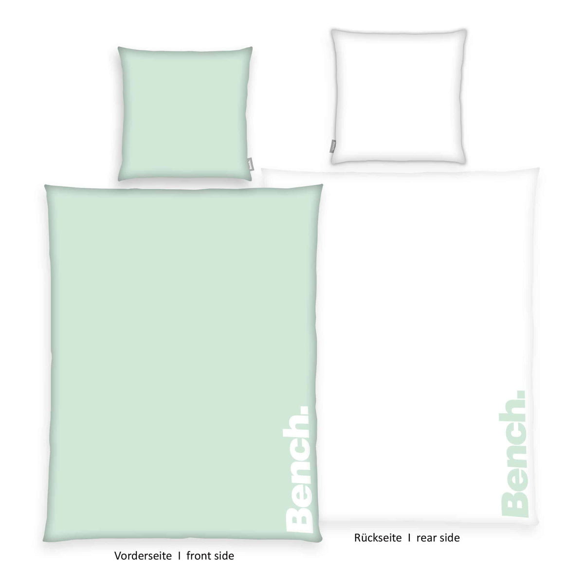 Bench Bettwäsche-Set ‘Hellgrün’: Vorderseite hellgrün mit weißem Bench-Logo, Rückseite weiß mit hellgrünem Logo, Kissen 80 x 80 cm