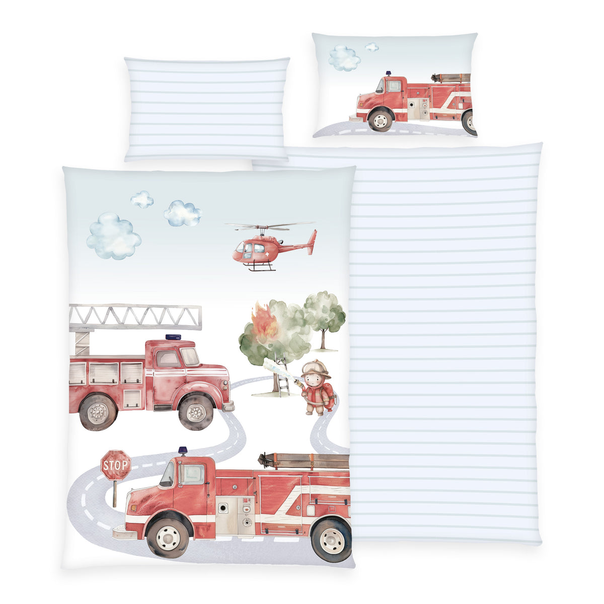 Bettwäsche ‘Feuerwehr’ 100 x 135 cm: Vorderseite mit Feuerwehrautos, Hubschrauber und Feuerwehrmann, Wendeseite hellblau gestreift, Kissenbezug 40 x 60 cm mit beiden Seiten