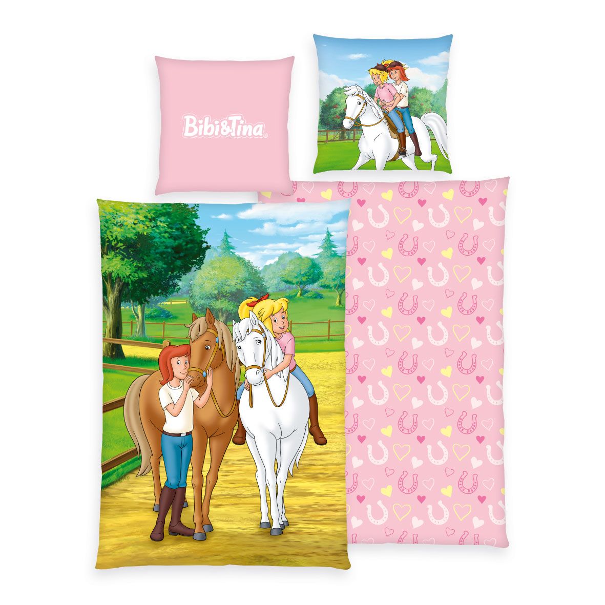 Bibi und Tina Bettwäsche-Set ‘Pferdeliebe’ 135 x 200 cm: Bettbezug mit Bibi und Tina, Amadeus und Sabrina an der Koppel, Wendeseite rosa mit Hufeisen, Kissen 80 x 80 cm