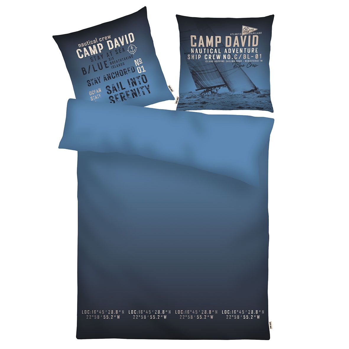 CAMP DAVID Bettwäsche-Set Atlantic Blue mit Farbverlauf und nautischer Typografie, Vorder- und Wendeseite