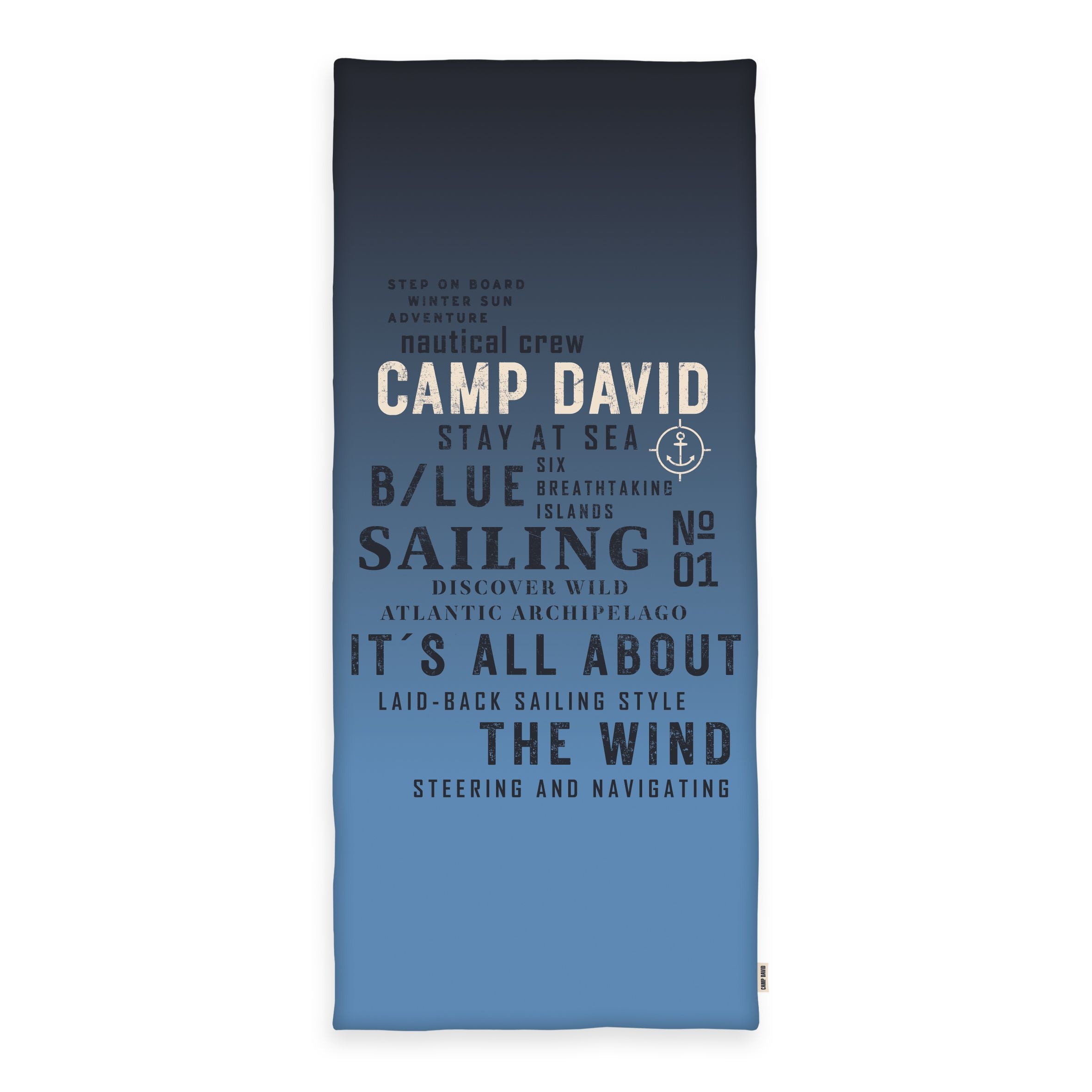 CAMP DAVID Saunatuch Atlantic Blue mit Farbverlauf und nautischer Typografie 80x180 cm