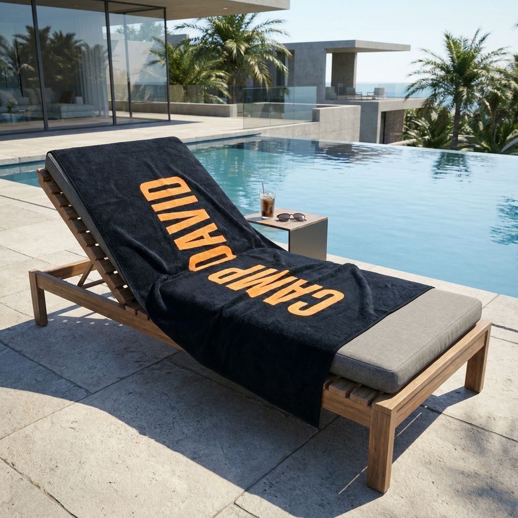CAMP DAVID Saunatuch ‘Logo Navy’ auf einer Sonnenliege am Pool