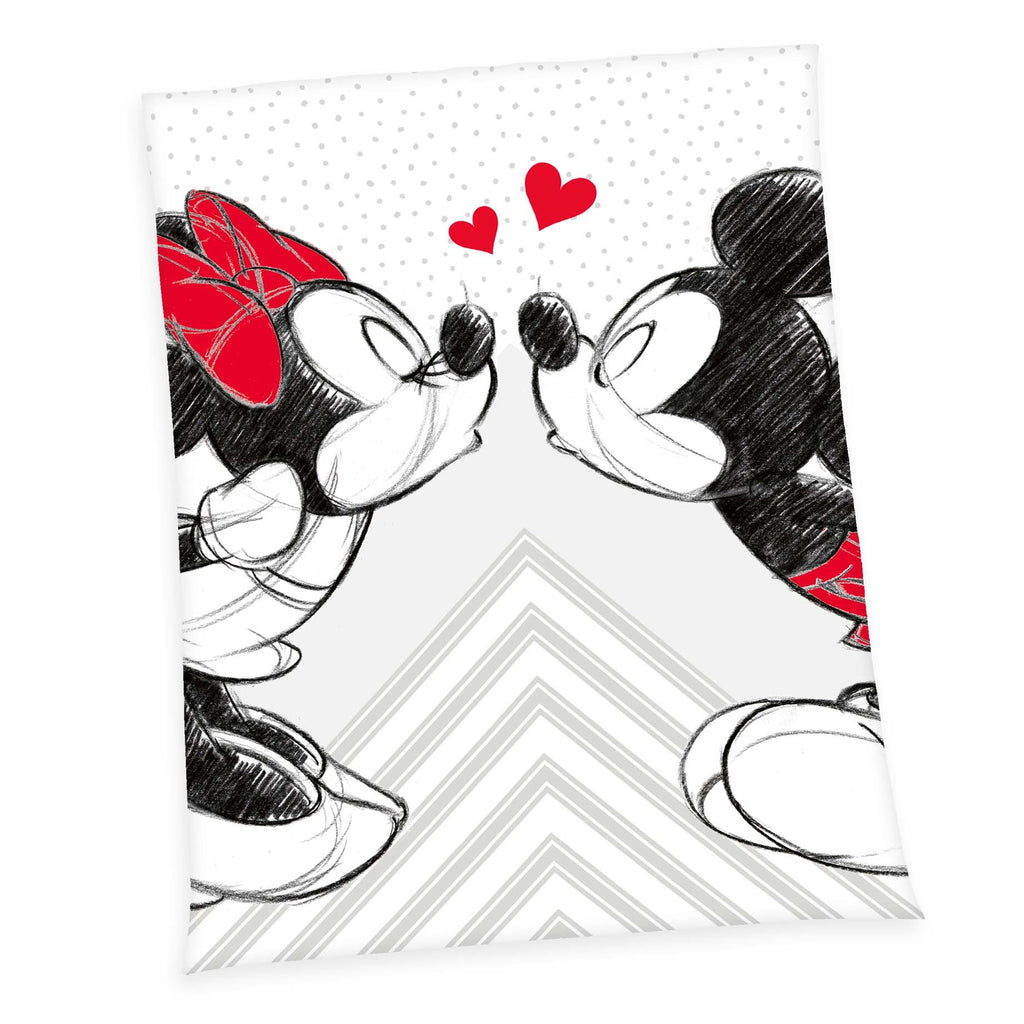 Disney Mickey & Minnie Kuscheldecke ‘Love’ 150 x 200 cm: Mickey und Minnie beim Kuss mit roten Herzen, Skizze in Schwarz und Weiß