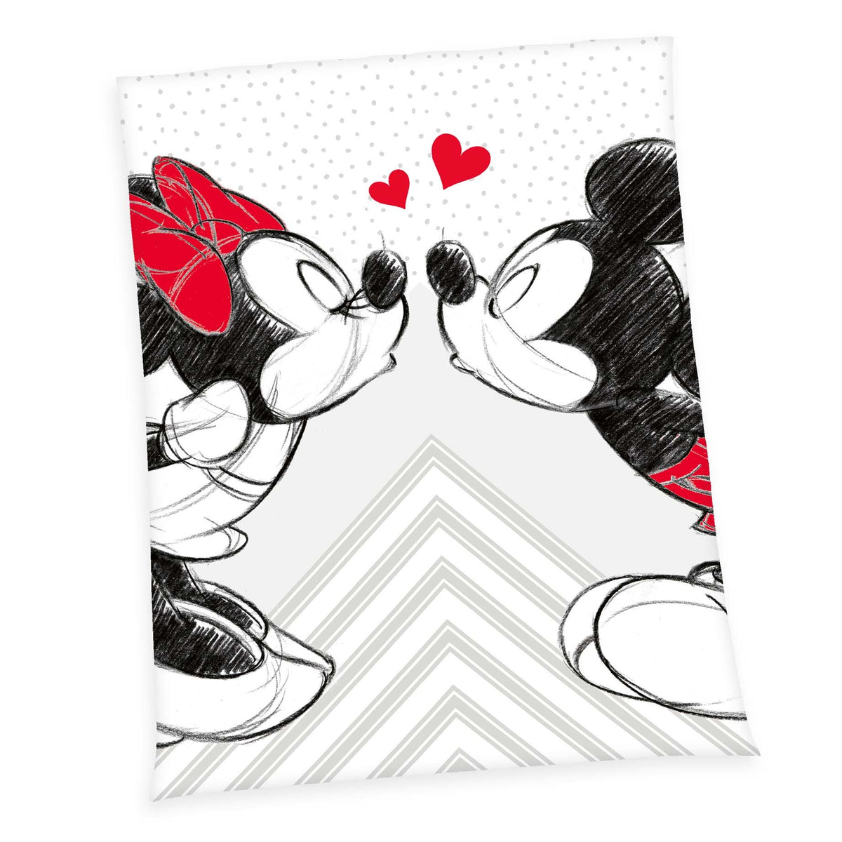 Disney Mickey & Minnie Kuscheldecke ‘Love’ 150 x 200 cm: Mickey und Minnie beim Kuss mit roten Herzen, Skizze in Schwarz und Weiß