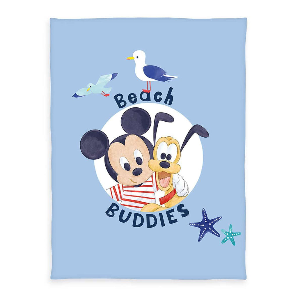 Disney Mickey Mouse Babydecke ‘Beach Buddies’: Baby-Mickey und Pluto im weißen Kreis mit Möwe und Seesternen auf Hellblau