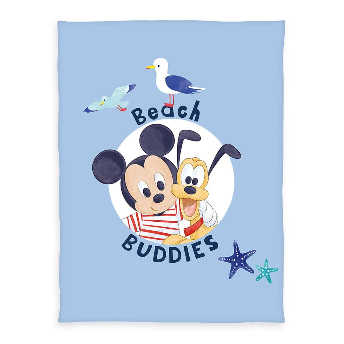 Disney Mickey Mouse Babydecke ‘Beach Buddies’: Baby-Mickey und Pluto im weißen Kreis mit Möwe und Seesternen auf Hellblau