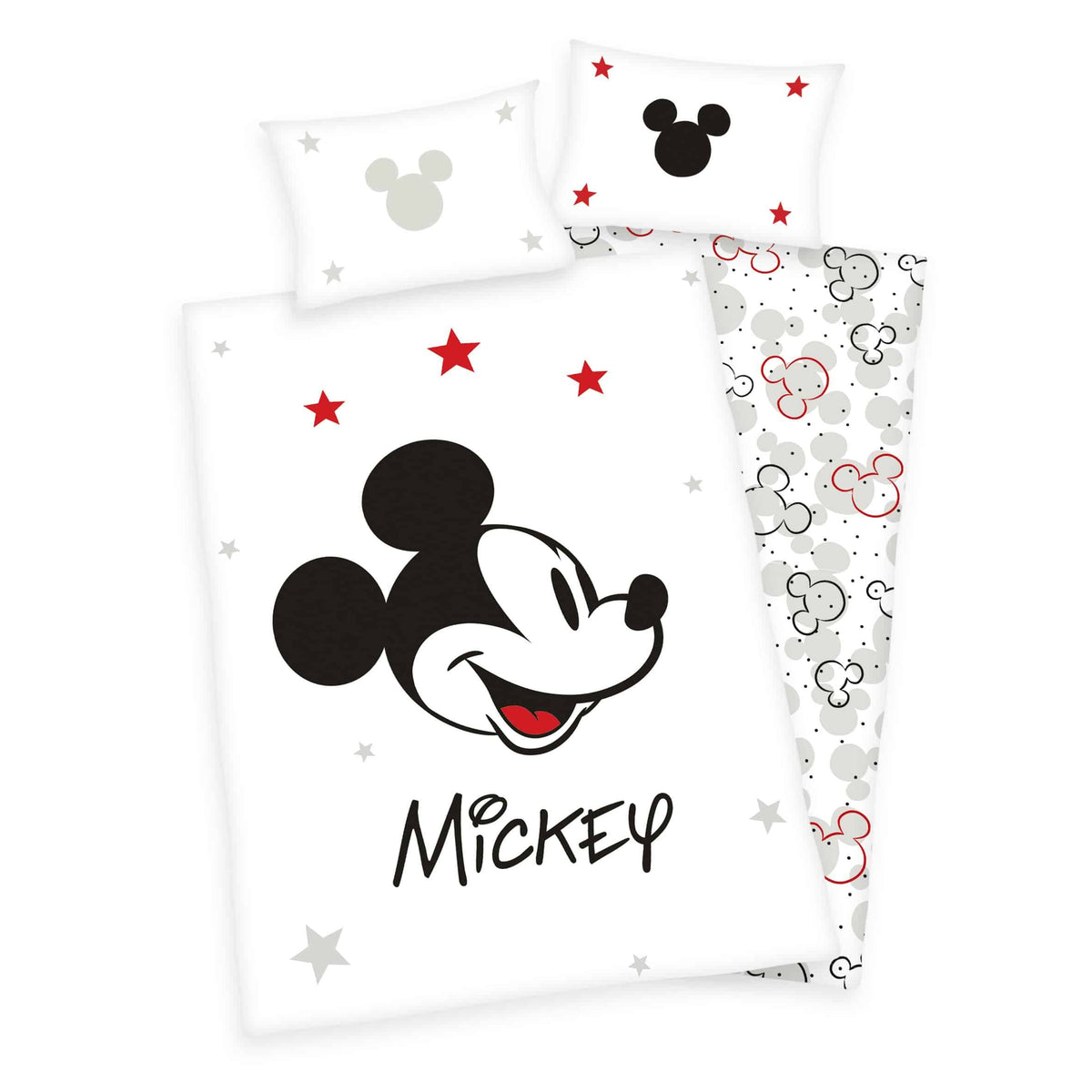 Disney Mickey Mouse Kleinkindbettwäsche ‘GreyScale Red’: großer Mickey-Kopf mit Schriftzug und roten Sternen, Rückseite mit Mickey-Muster in Grau und Rot