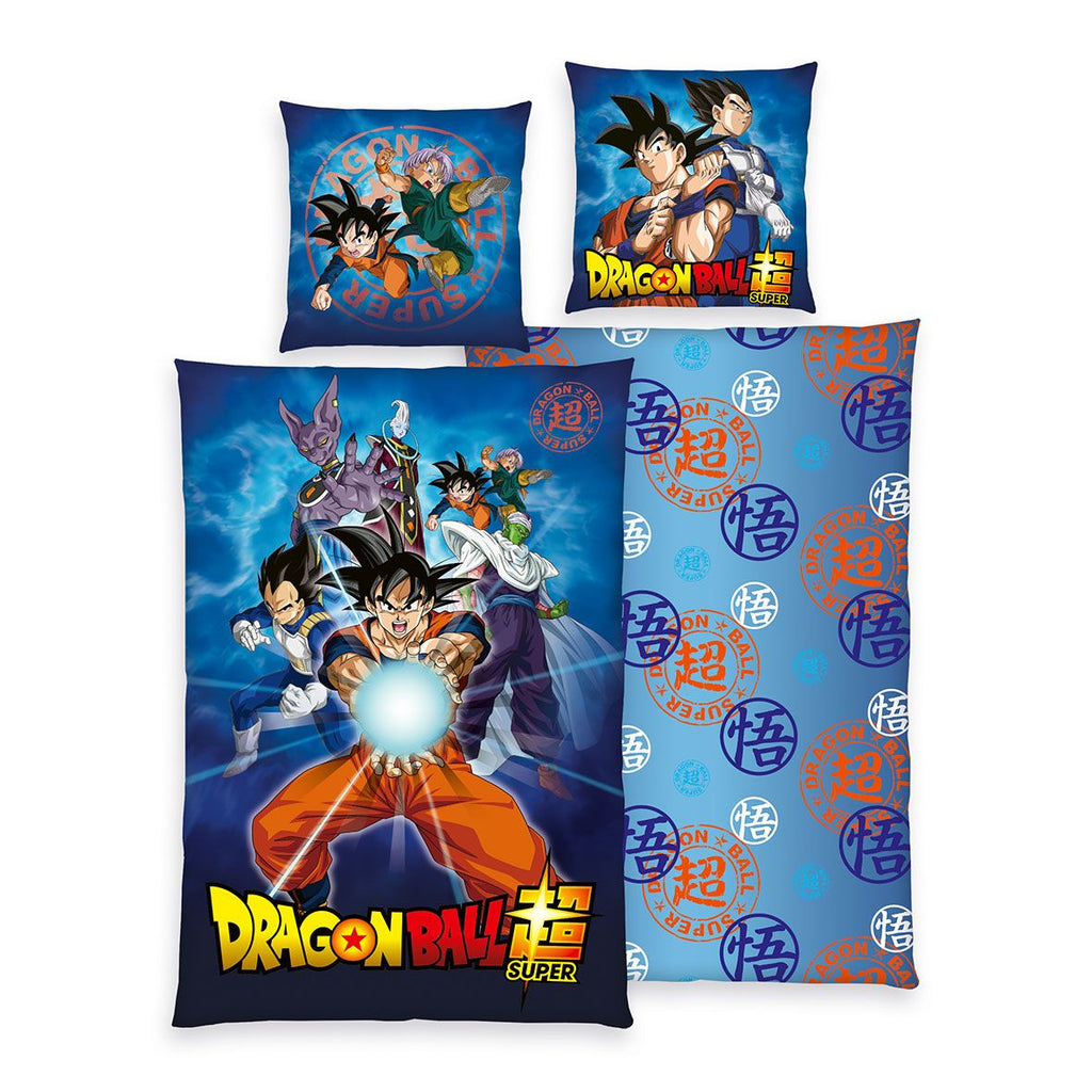 Dragonball Bettwäsche-Set ‘Classic’ 135 x 200 cm: Bettbezug mit Son Goku, Vegeta, Piccolo, Beerus und Whis, Wendeseite blau mit Schriftzeichen, Kissen 80 x 80 cm