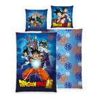 Dragonball Bettwäsche-Set ‘Classic’ 135 x 200 cm: Bettbezug mit Son Goku, Vegeta, Piccolo, Beerus und Whis, Wendeseite blau mit Schriftzeichen, Kissen 80 x 80 cm