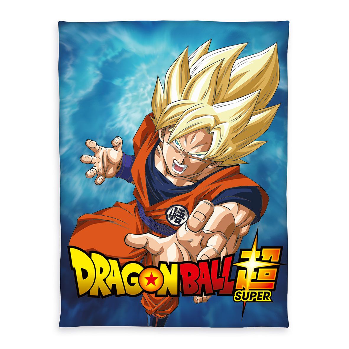 Dragonball Kuscheldecke ‘Son Goku’ 150 x 200 cm: Goku als Super-Saiyajin vor leuchtendem Blau mit Dragon-Ball-Super-Logo