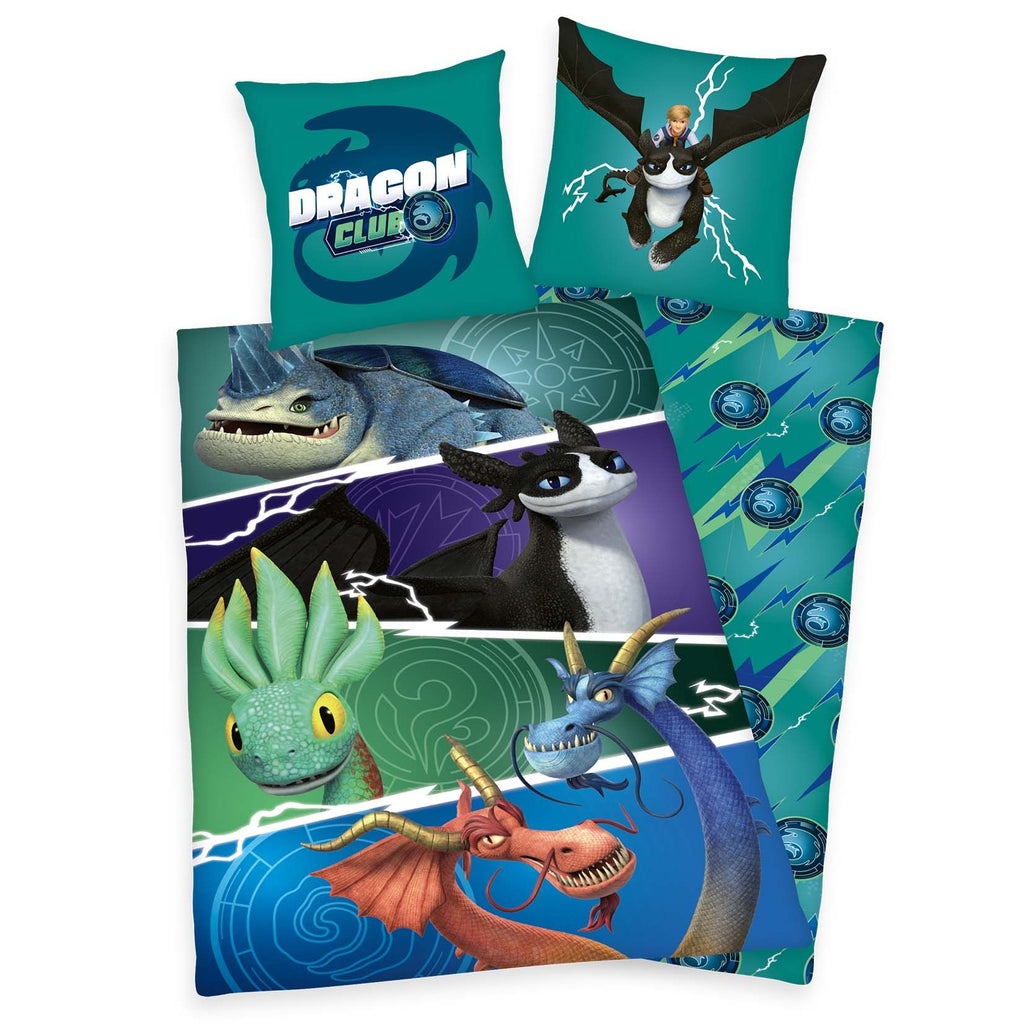 Dragons Bettwäsche ‘Die 9 Welten’: Drachen in Bändern aus Grün, Lila und Blau, Wendeseite türkis mit Dragon-Club-Logos, Kissen mit Drachenreiter