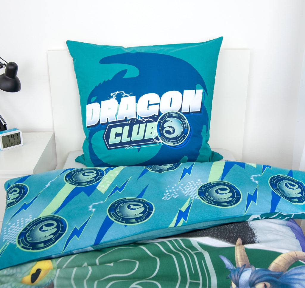 Kissen mit Dragon-Club-Logo auf der türkisen Wendeseite mit Blitzen