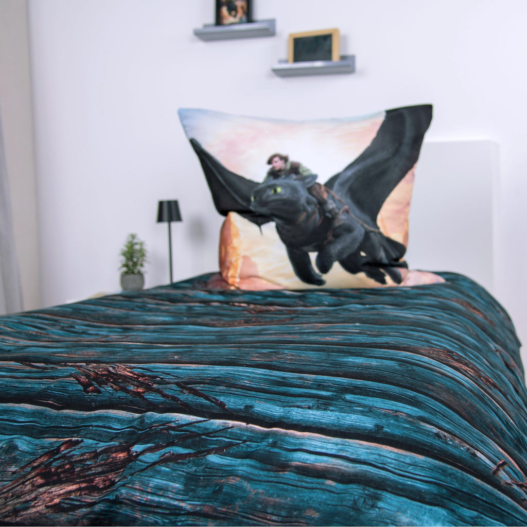 Kissen mit Hicks und Ohnezahn auf der Holzmuster-Wendeseite der Dragons Bettwäsche