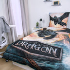 Dragons Bettwäsche ‘Drachenreiter’ auf einem Bett mit Logo „How to Train Your Dragon“
