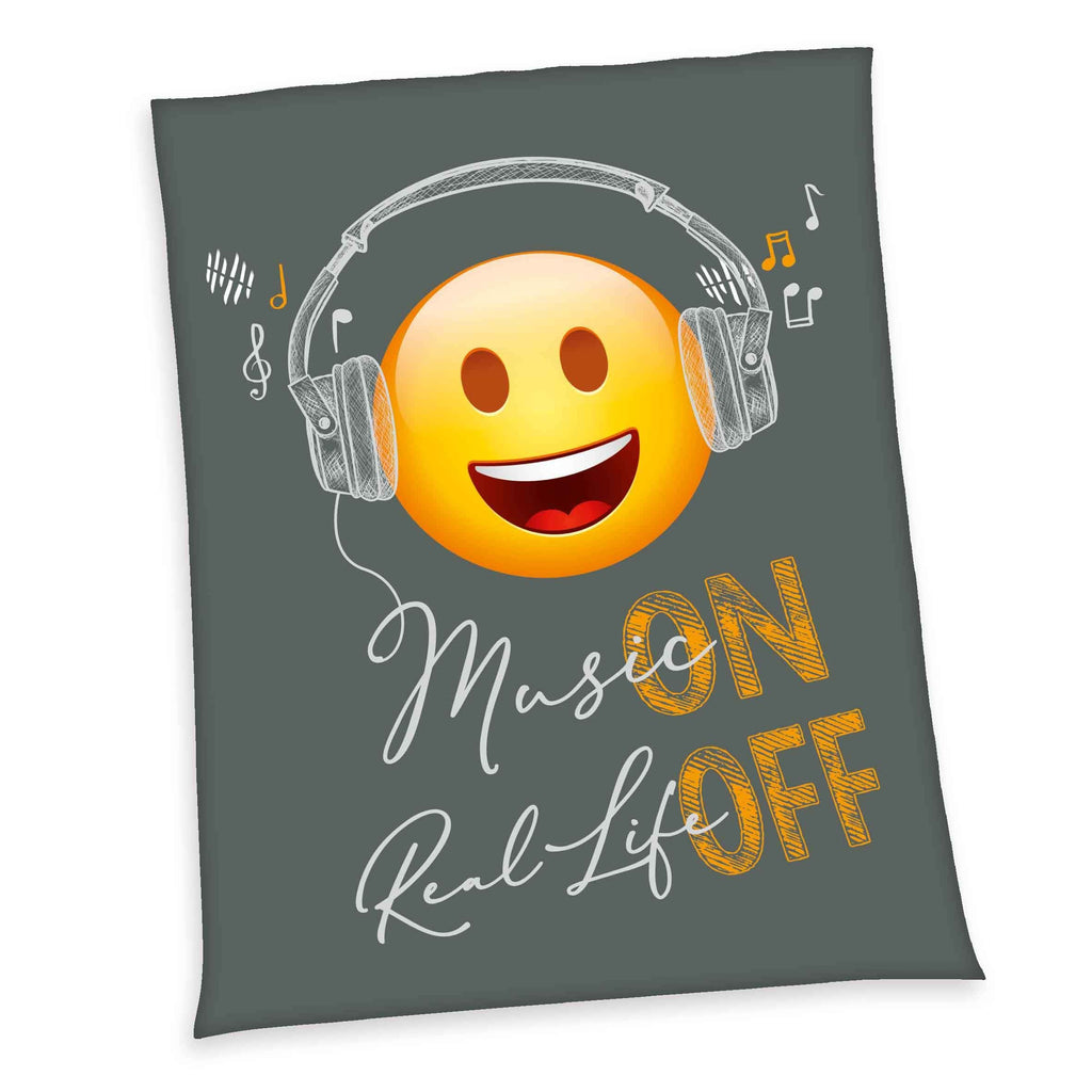 Emot!x Kuscheldecke ‘Music’ 150 x 200 cm: Smiley mit Kopfhörern und „Music ON, Real Life OFF“ auf Dunkelgrau