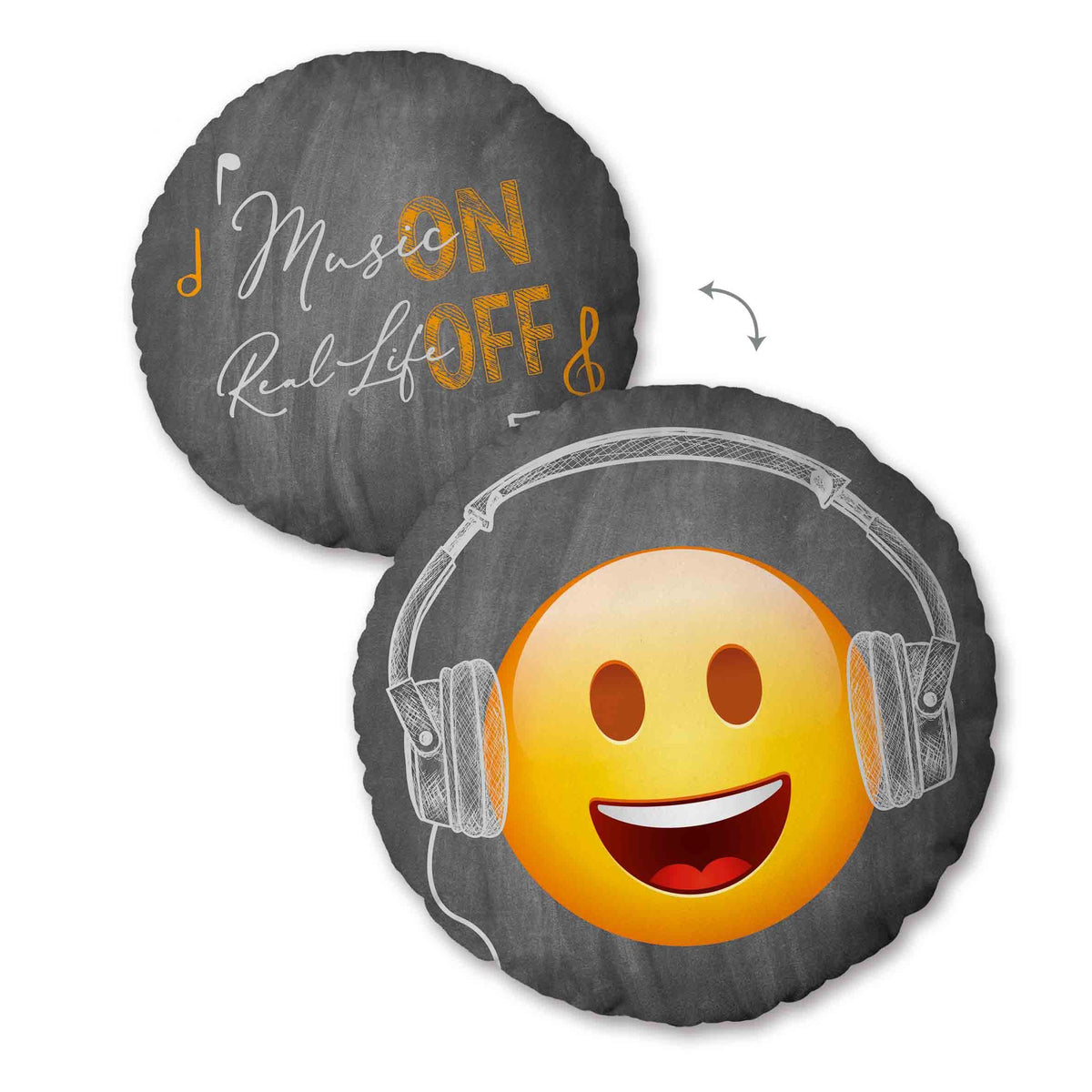 Emot!x Rundkissen ‘Music’ ca. 35 cm: Smiley mit Kopfhörern vorn, Spruch ‚Music on, Real life off‘ auf der Rückseite