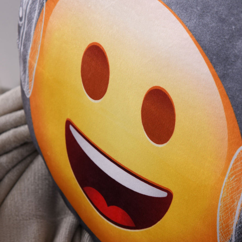 Nahaufnahme des lachenden Smileys auf dem Emot!x Rundkissen