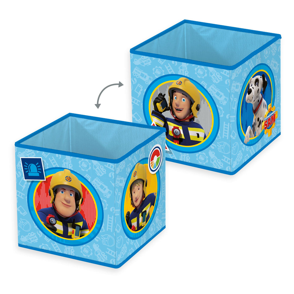 Zwei Ansichten der Feuerwehrmann Sam Aufbewahrungsbox mit Sam, seinem Team und einem Dalmatiner