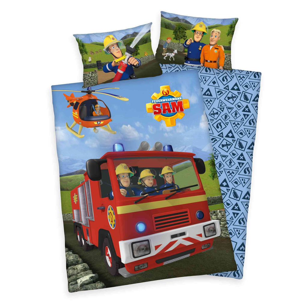 Feuerwehrmann Sam Kleinkindbettwäsche-Set ‘Classic’ 100 x 135 cm: Bettbezug mit Feuerwehrauto Jupiter, Sam und Hubschrauber, Wendeseite hellblau mit Feuerwehr-Symbolen, Kissen 40 x 60 cm