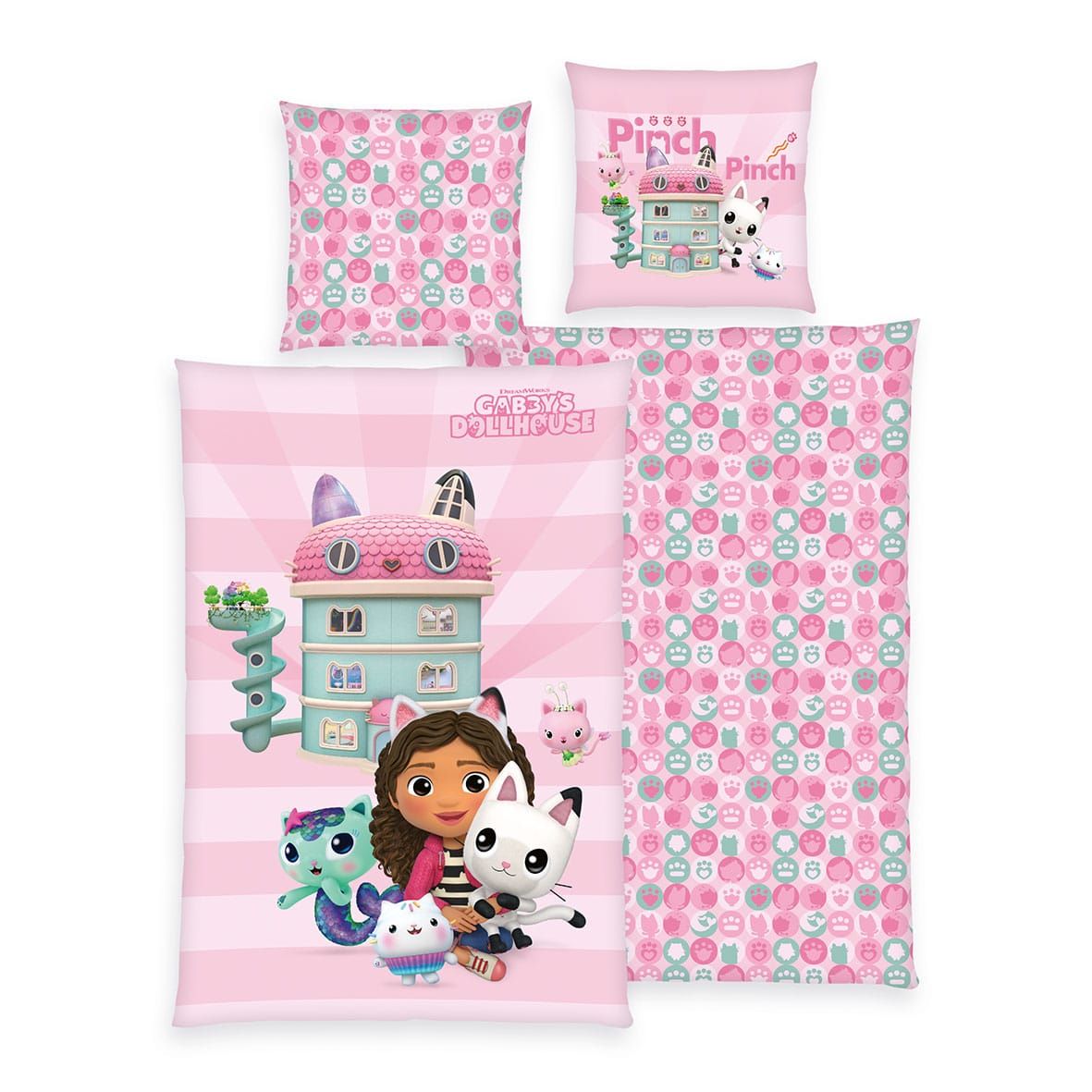 Gabby's Dollhouse Bettwäsche-Set ‘Pink Dreams’ 135 x 200 cm: Bettbezug rosa gestreift mit Gabby, Pandy Paws und Puppenhaus, Wendeseite mit Katzen-Muster, Kissen 80 x 80 cm