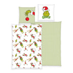 Grinch Winterbettwäsche-Set ‘Merry Grinchmas’: Bettbezug mit Grinch-Figuren auf Weiß, Kissenbezug mit Grinch-Gesicht, Wendeseite grün-weißes Karo, 135 x 200 cm