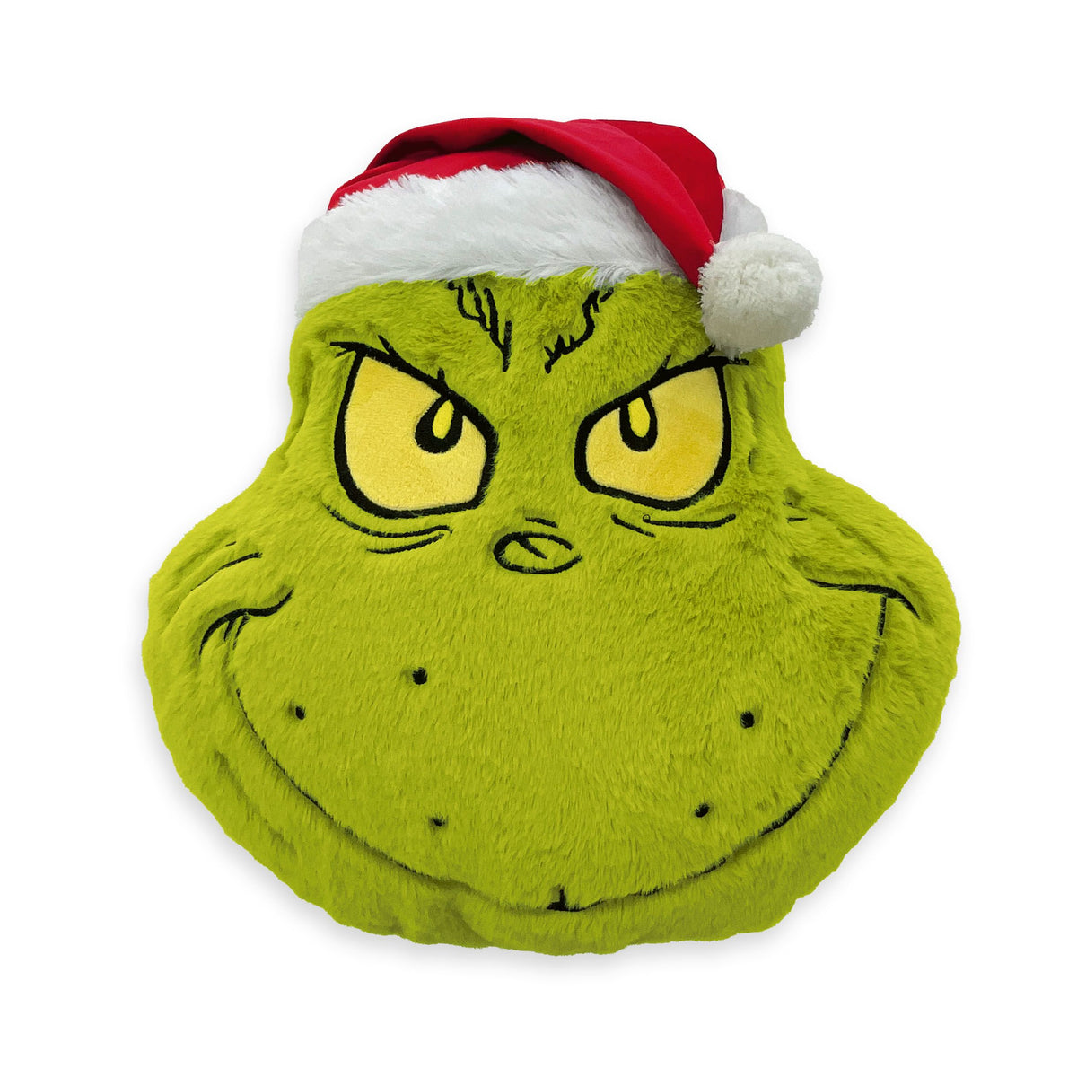 Grinch Formkissen ‘Merry Grinchmas’ mit Weihnachtsmütze aus Flausch, ca. 40 x 35 cm, Vorderansicht
