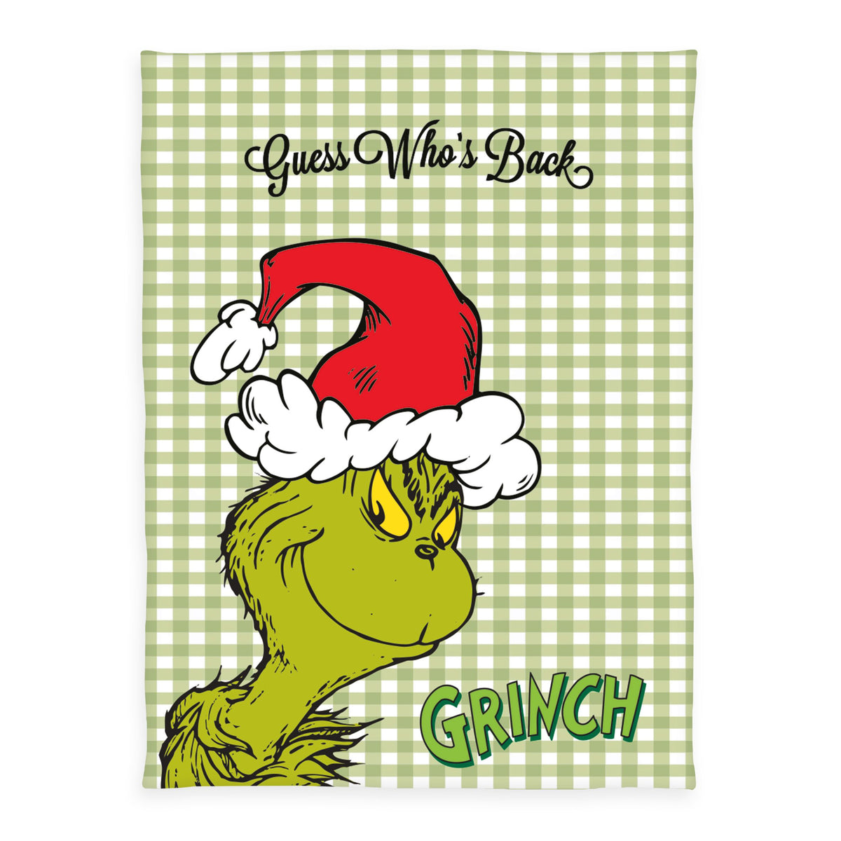 Grinch Kuscheldecke ‘Merry Grinchmas’ auf grün-weißem Karo mit Grinch-Gesicht, Weihnachtsmütze und Schriftzug Guess Who's Back, 150 x 200 cm