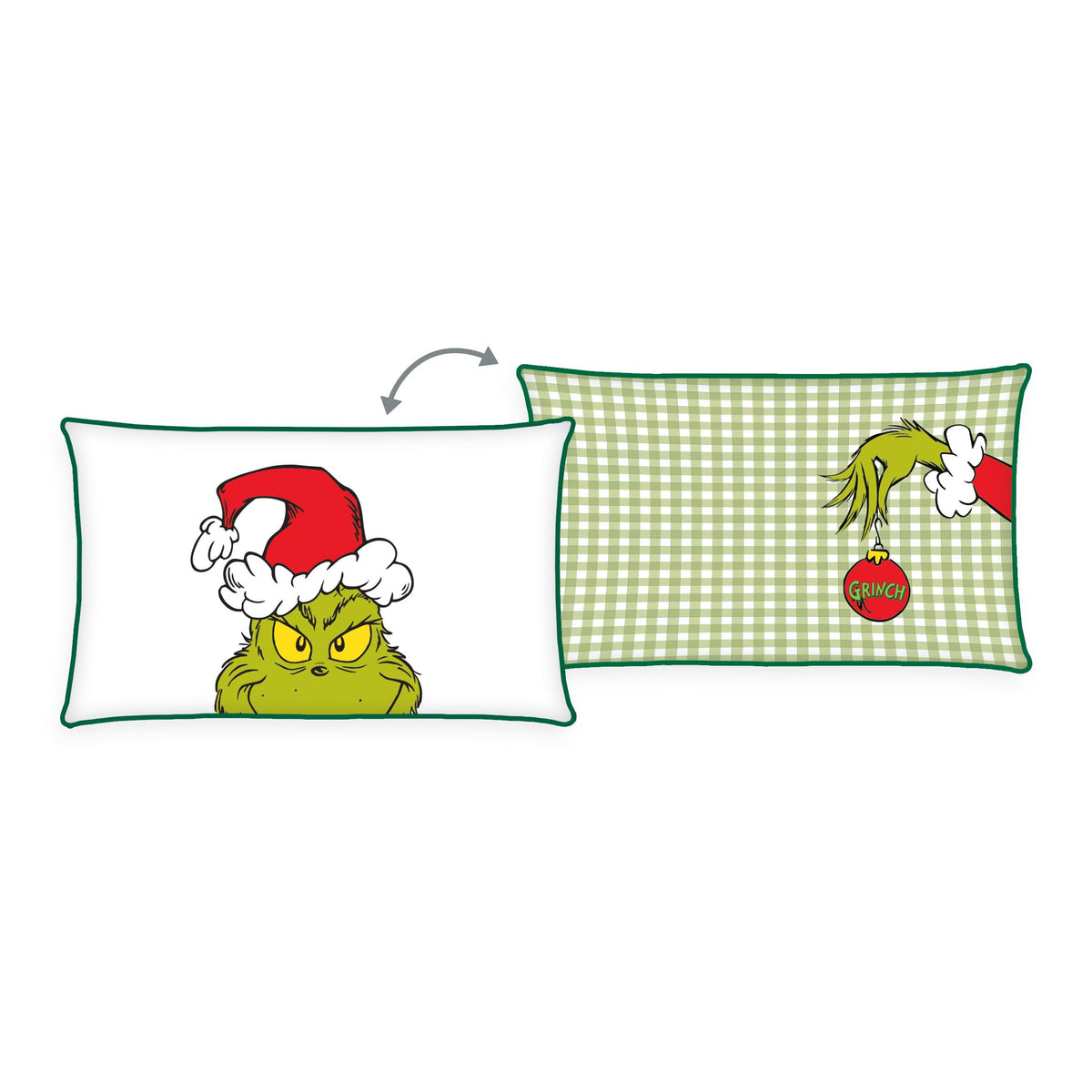 Grinch Kuschelkissen ‘Merry Grinchmas’ 30 x 50 cm: Vorderseite Grinch-Gesicht mit Weihnachtsmütze, Rückseite grün-weißes Karo mit Grinch-Hand und Christbaumkugel