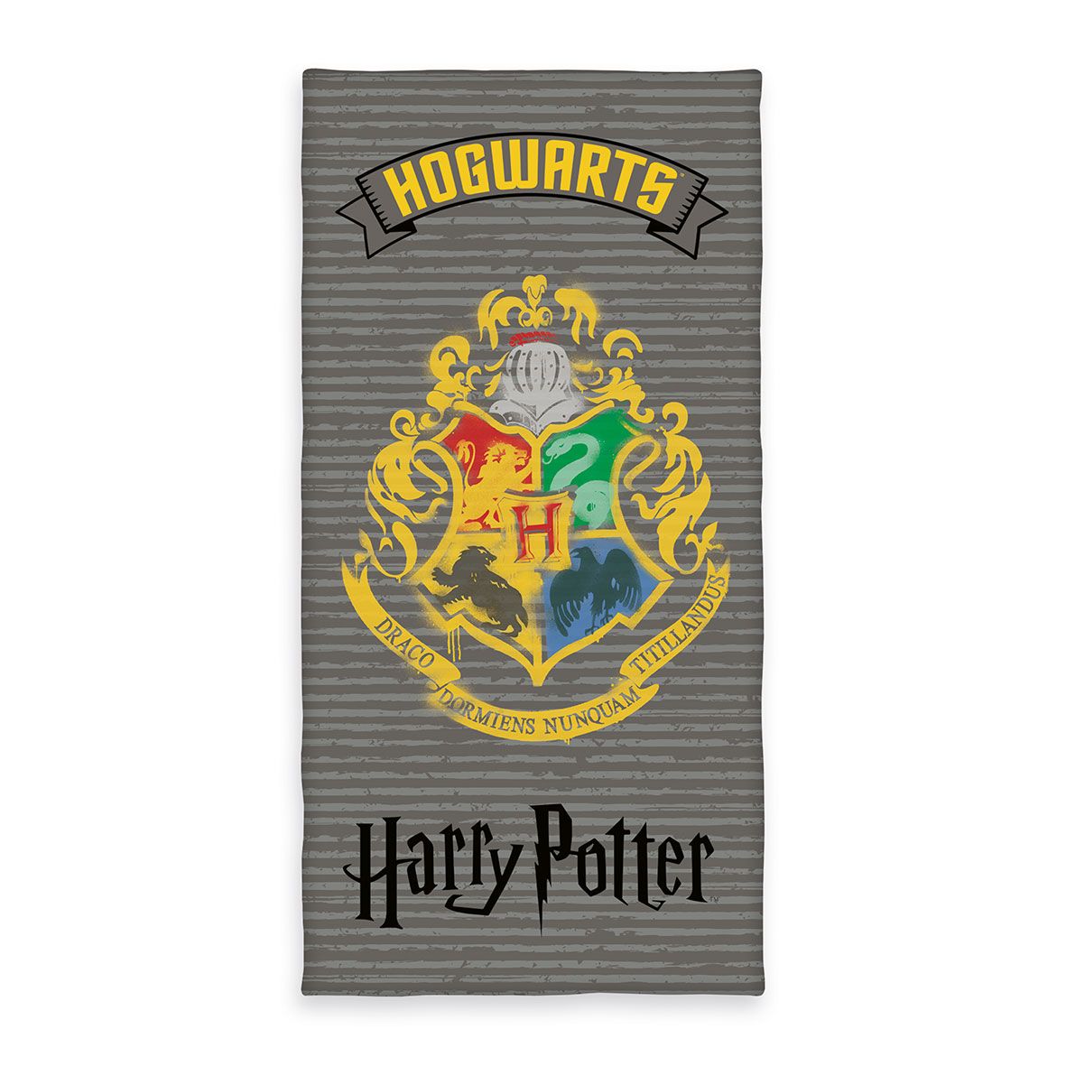 Harry Potter Badetuch ‘Wizard’: Hogwarts-Wappen mit Spruchband Hogwarts auf grau gestreiftem Grund, unten der Harry-Potter-Schriftzug