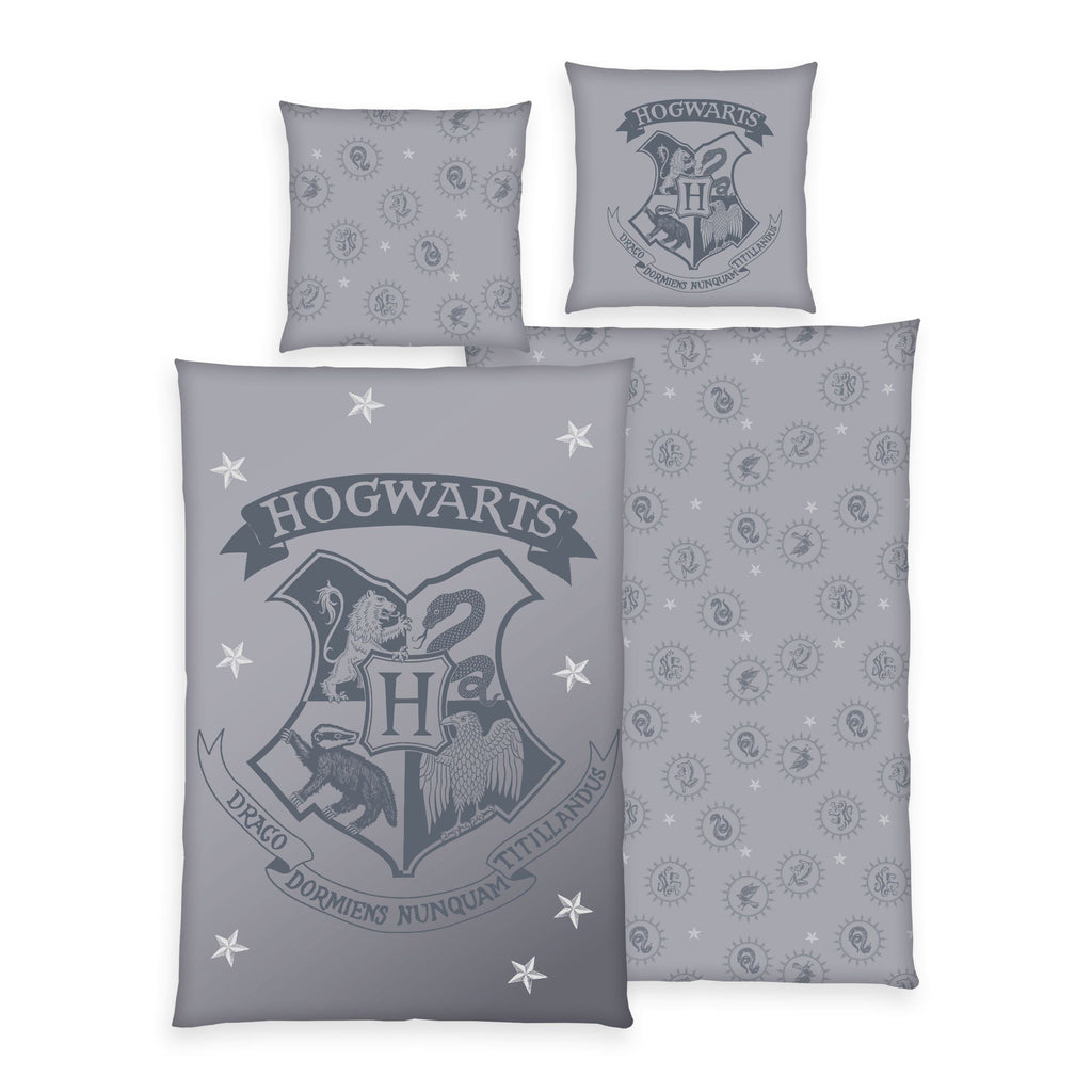 Harry Potter Bettwäsche-Set Mystical Gray grau mit Hogwarts-Wappen, Vorder- und Wendeseite