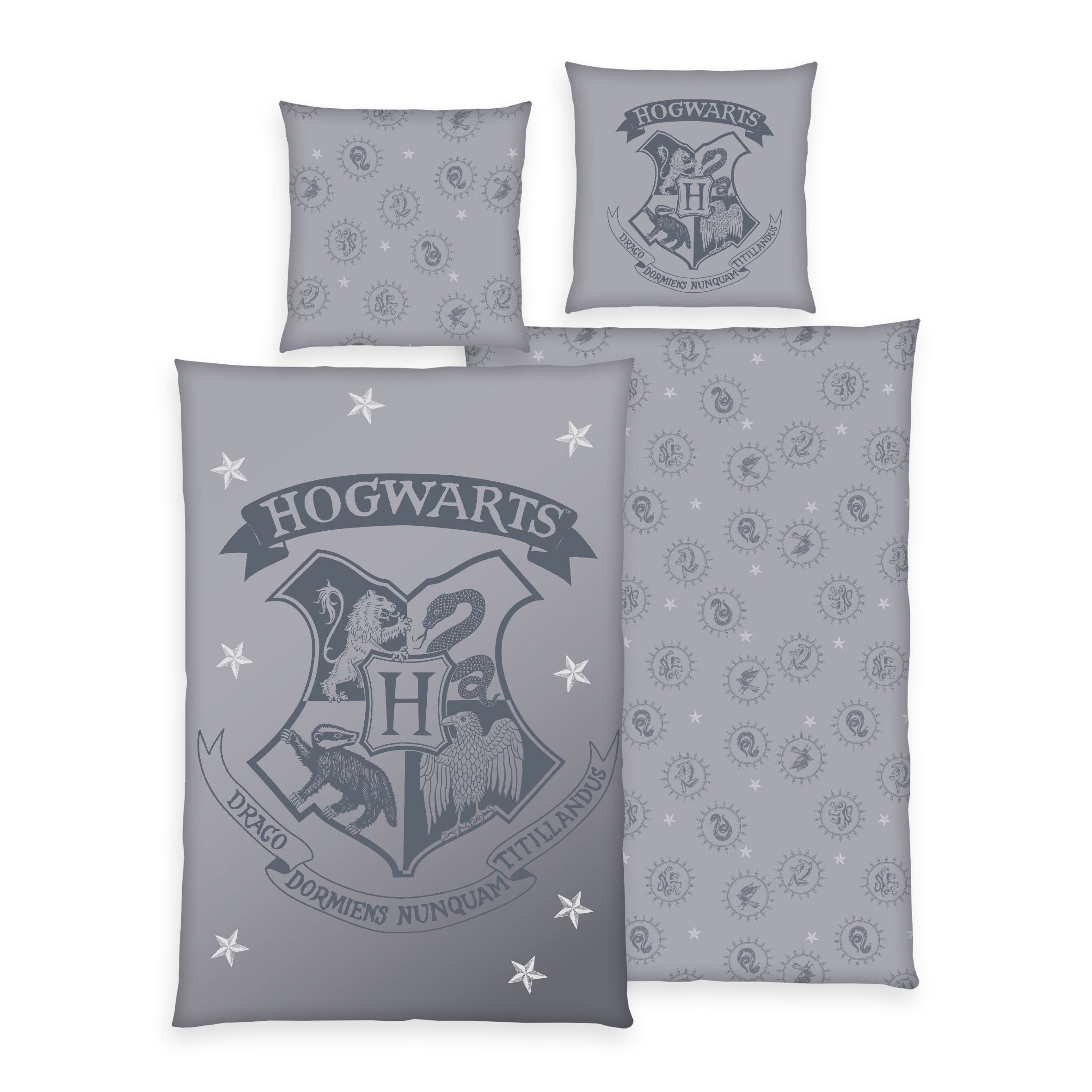 Harry Potter Bettwäsche-Set Mystical Gray grau mit Hogwarts-Wappen, Vorder- und Wendeseite