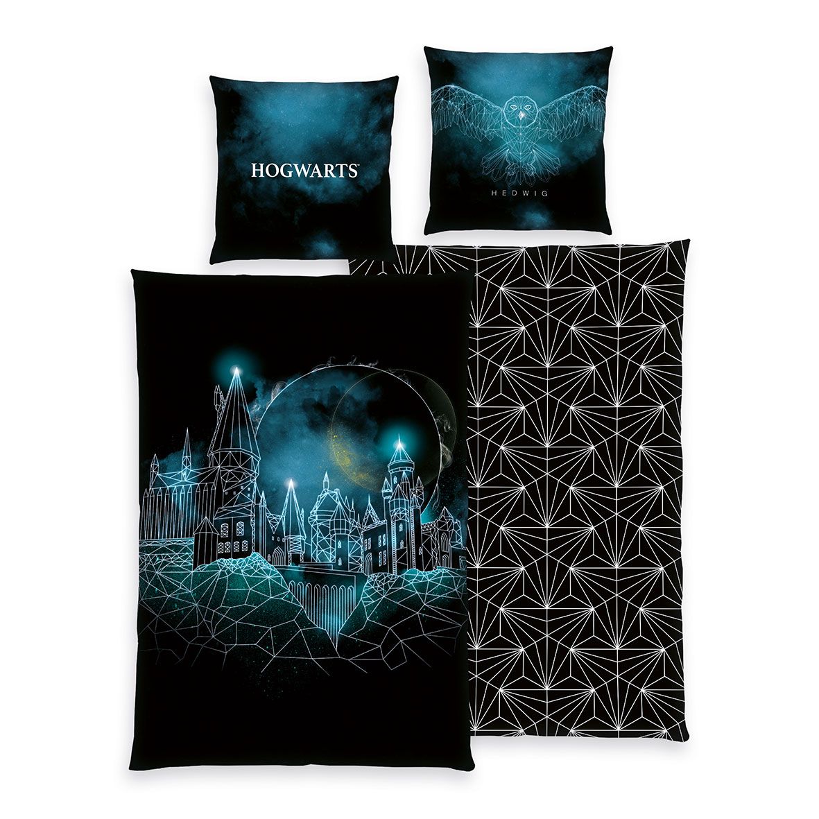 Harry Potter Bettwäsche-Set ‘Geometric Hogwarts’ 135 x 200 cm: Bettbezug mit Hogwarts in türkisen Lichtlinien auf Schwarz, Wendeseite mit weißem Liniennetz, Kissen 80 x 80 cm mit Hogwarts-Schriftzug und Hedwig