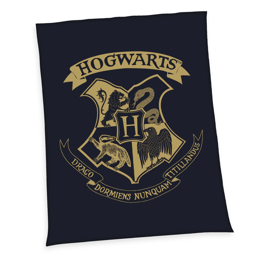 Harry Potter Fleecedecke Houses of Hogwarts dunkelblau mit goldenem Hogwarts-Wappen 150x200 cm