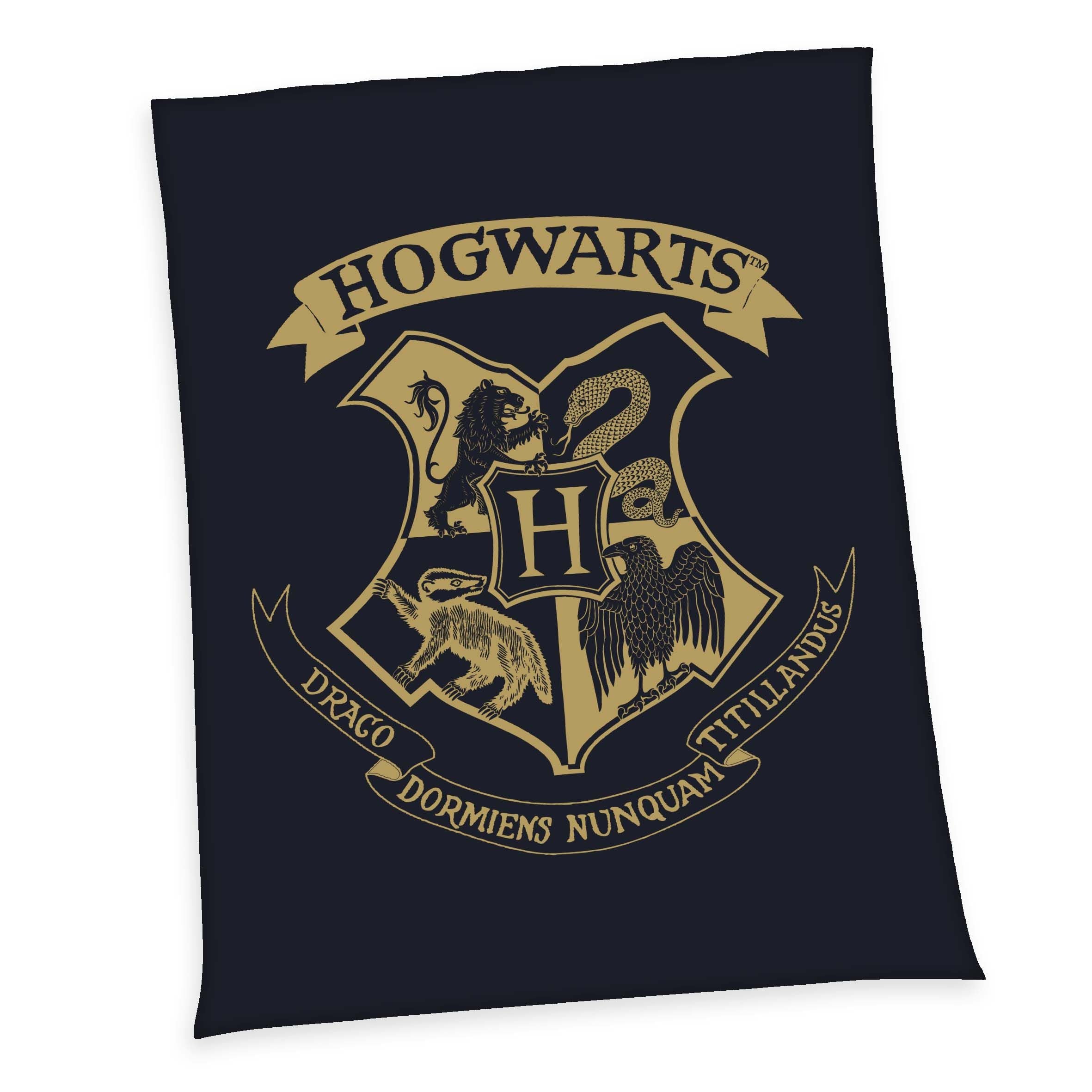 Harry Potter Fleecedecke Houses of Hogwarts dunkelblau mit goldenem Hogwarts-Wappen 150x200 cm