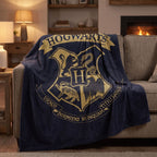 Harry Potter Fleecedecke Houses of Hogwarts über Sofa im Wohnzimmer bei warmem Abendlicht