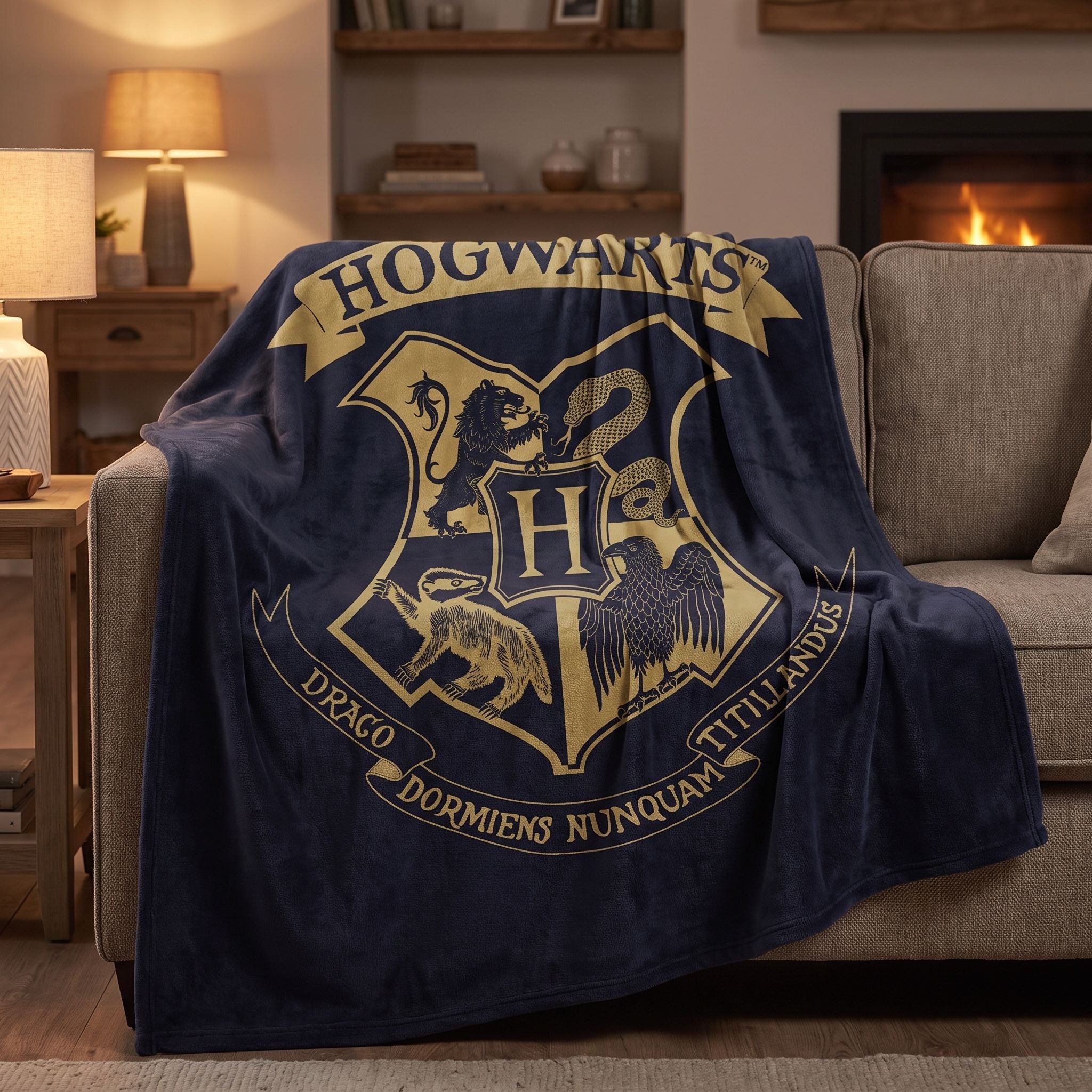 Harry Potter Fleecedecke Houses of Hogwarts über Sofa im Wohnzimmer bei warmem Abendlicht