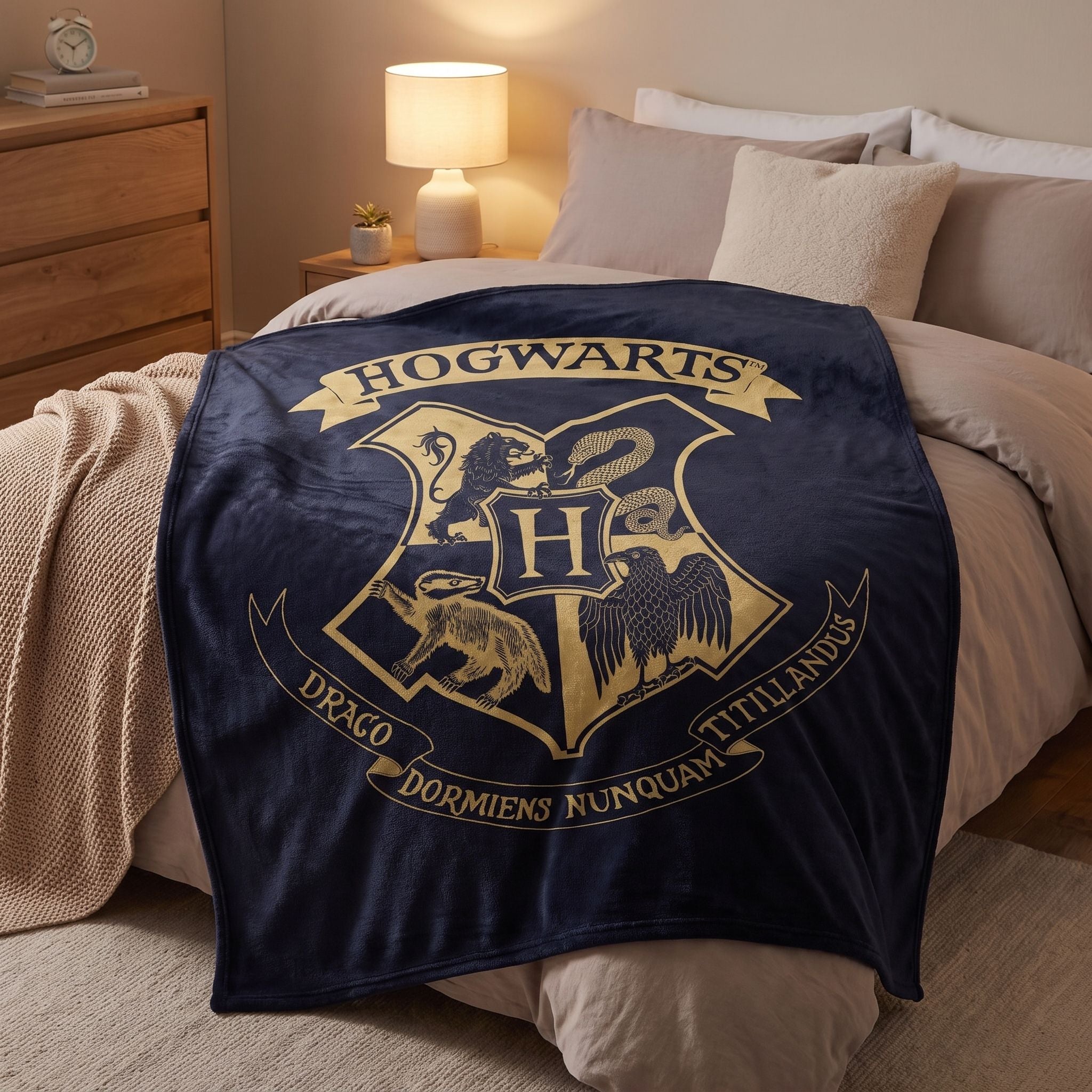 Harry Potter Fleecedecke Houses of Hogwarts ausgebreitet auf Bett im Jugendzimmer