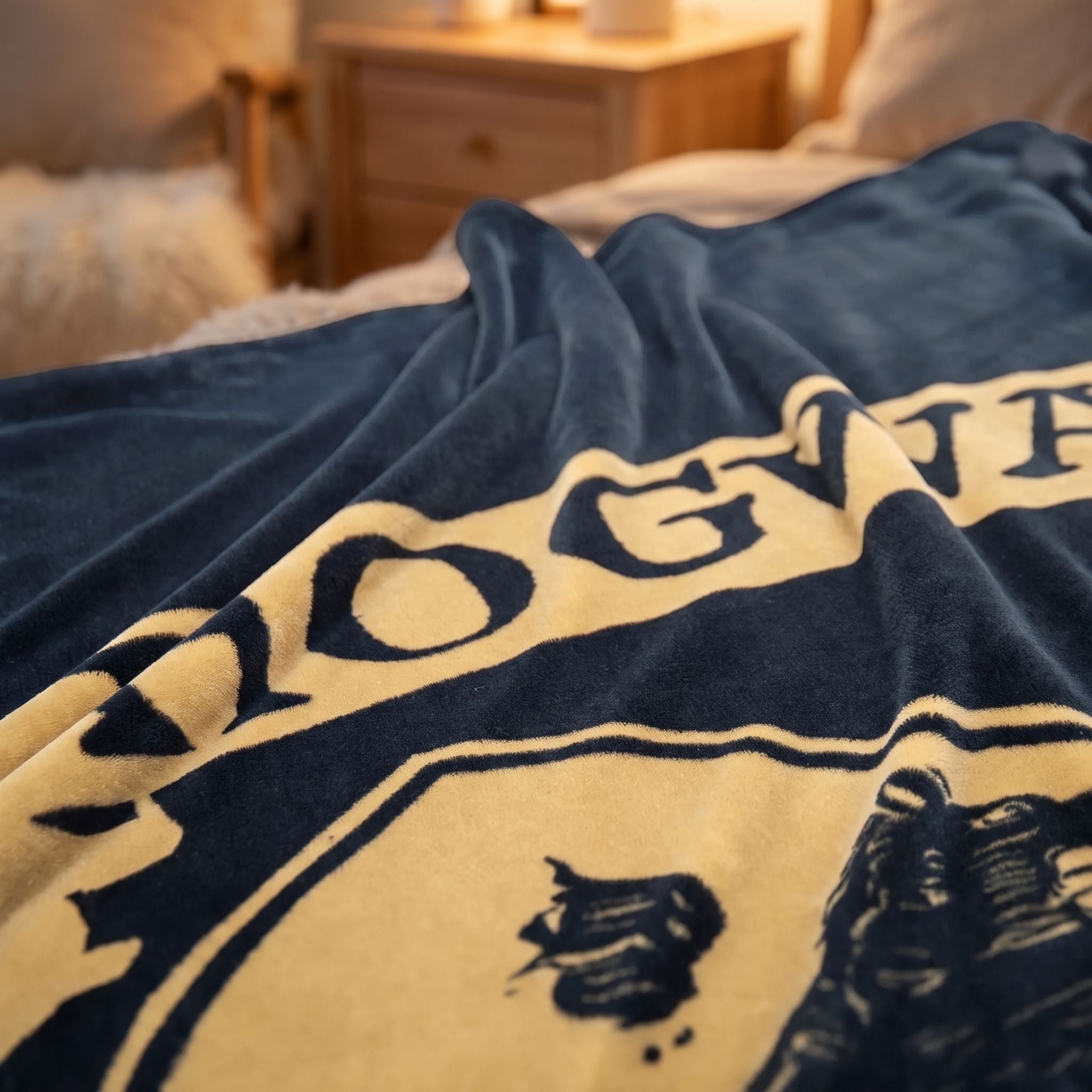 Nahaufnahme der Falten der Harry Potter Fleecedecke mit goldenem Wappen