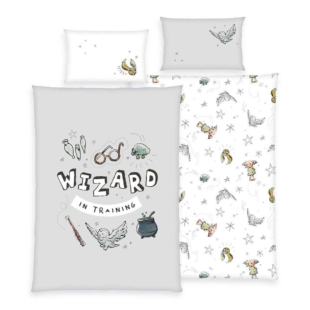 Harry Potter Kleinkindbettwäsche Wizard in Training mit Hedwig, Vorder- und Rückseite des Wende-Sets