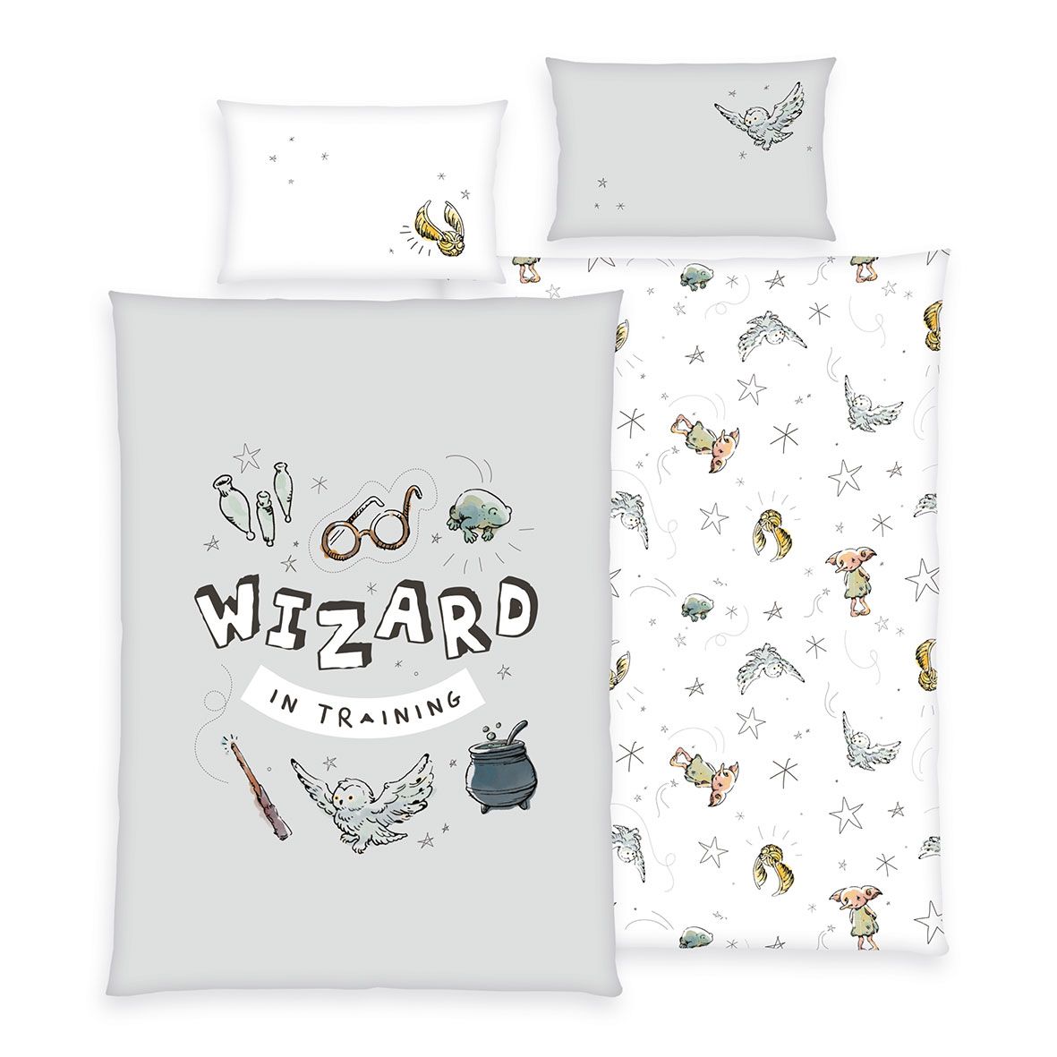 Harry Potter Kleinkindbettwäsche Wizard in Training mit Hedwig, Vorder- und Rückseite des Wende-Sets