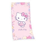 Hello Kitty Badetuch ‘Flower’ 75 x 150 cm: Hello Kitty mit rosa Schleife zwischen Pastellblüten auf zartem Rosa