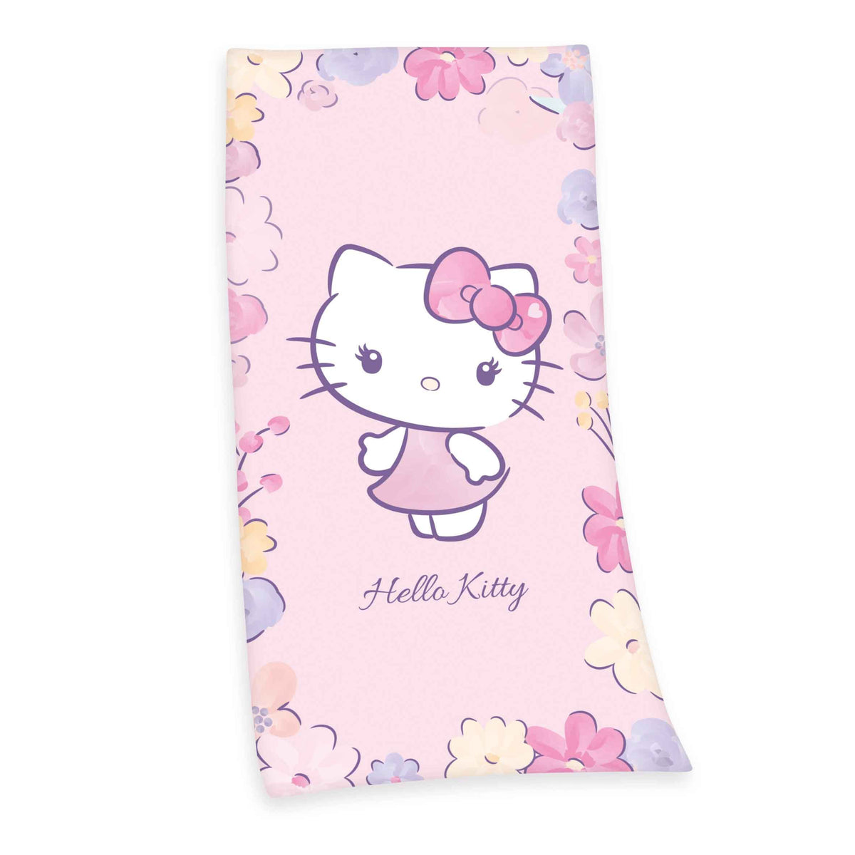 Hello Kitty Badetuch ‘Flower’ 75 x 150 cm: Hello Kitty mit rosa Schleife zwischen Pastellblüten auf zartem Rosa