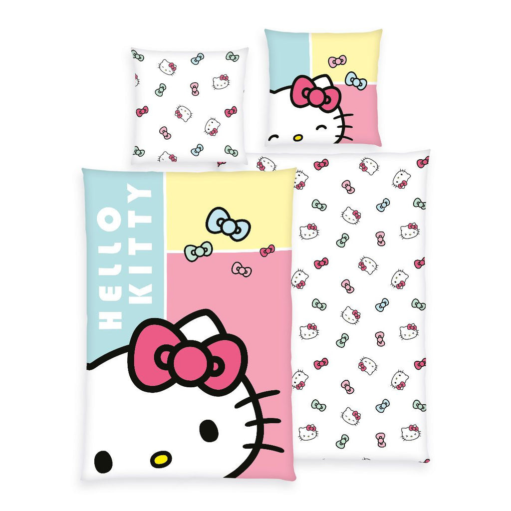 Hello Kitty Bettwäsche-Set ‘Sweet Dreams’ 135 x 200 cm: Bettbezug mit Farbblöcken in Türkis, Gelb und Rosa und Hello Kitty, Wendeseite weiß mit Kitty-Köpfen, Kissen 80 x 80 cm