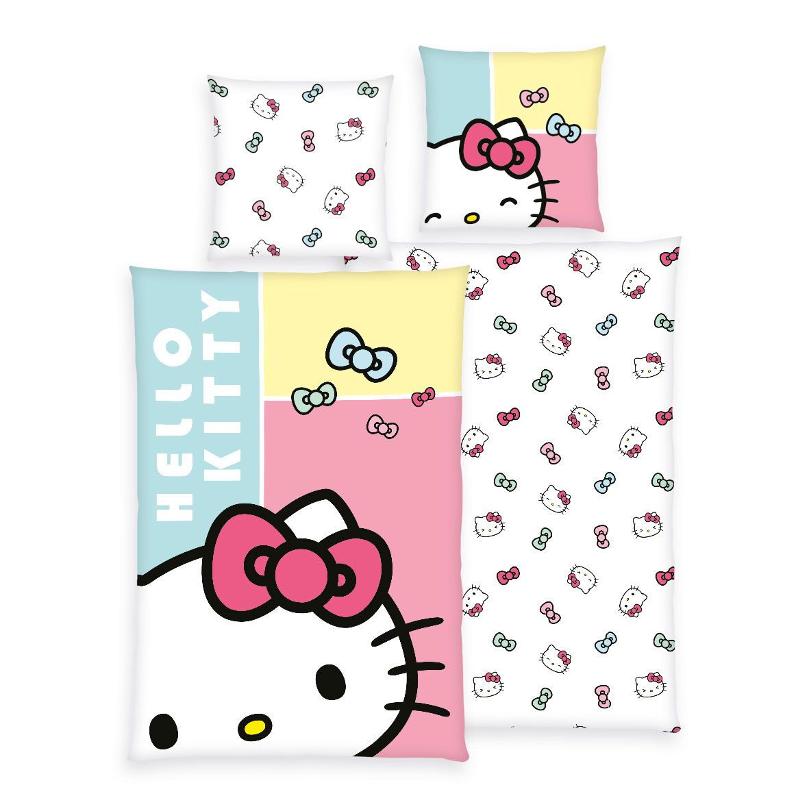 Hello Kitty Bettwäsche-Set ‘Sweet Dreams’ 135 x 200 cm: Bettbezug mit Farbblöcken in Türkis, Gelb und Rosa und Hello Kitty, Wendeseite weiß mit Kitty-Köpfen, Kissen 80 x 80 cm